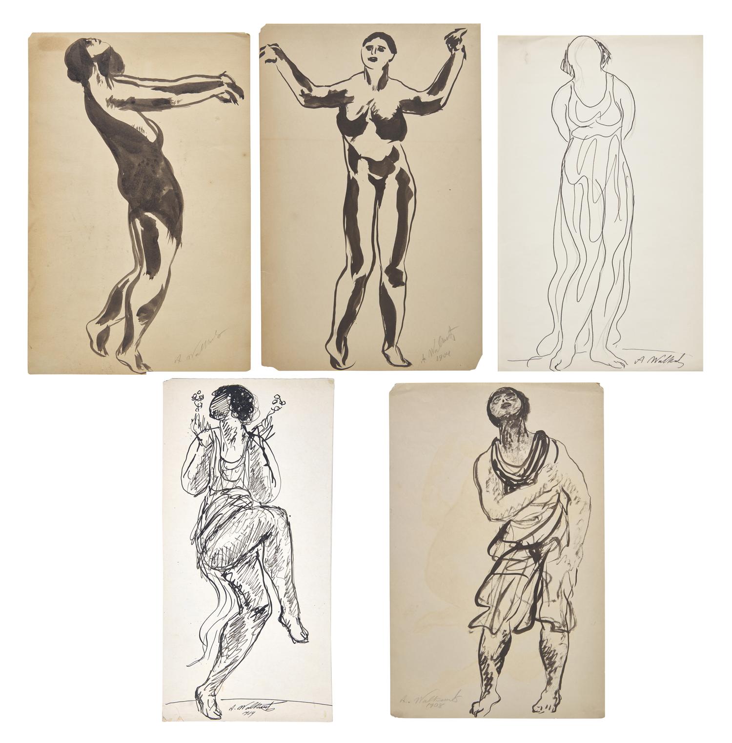 Five Works: Nude with Raised Arms; together with Four Sketches of a Dancer in Black (Isadora Duncan), circa 1904-1909 (5)