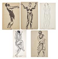 Five Works: Nude with Raised Arms; together with Four Sketches of a Dancer in Black (Isadora Duncan), circa 1904-1909 (5)