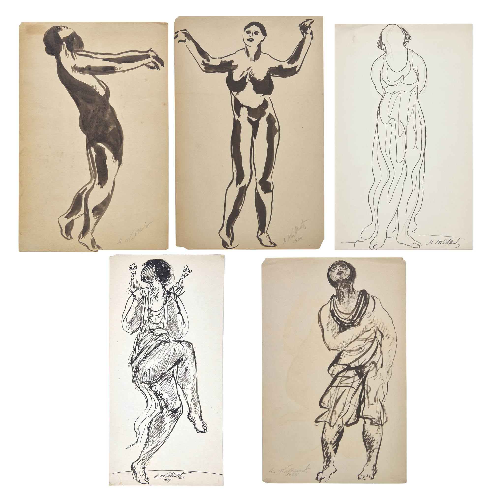 Five Works: Nude with Raised Arms; together with Four Sketches of a Dancer in Black (Isadora Duncan), circa 1904-1909 (5)