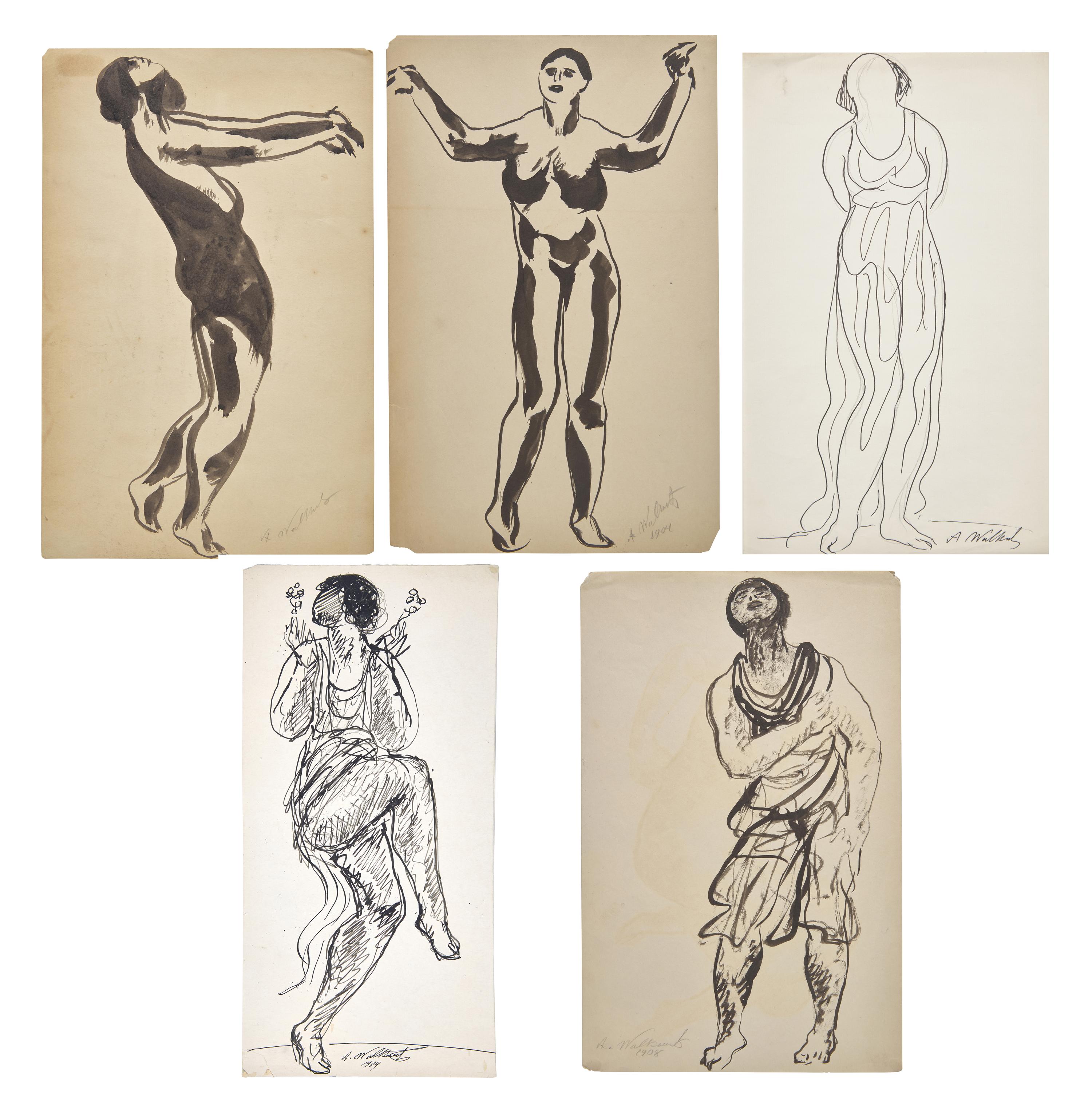 Five Works: Nude with Raised Arms; together with Four Sketches of a Dancer in Black (Isadora Duncan), circa 1904-1909 (5)