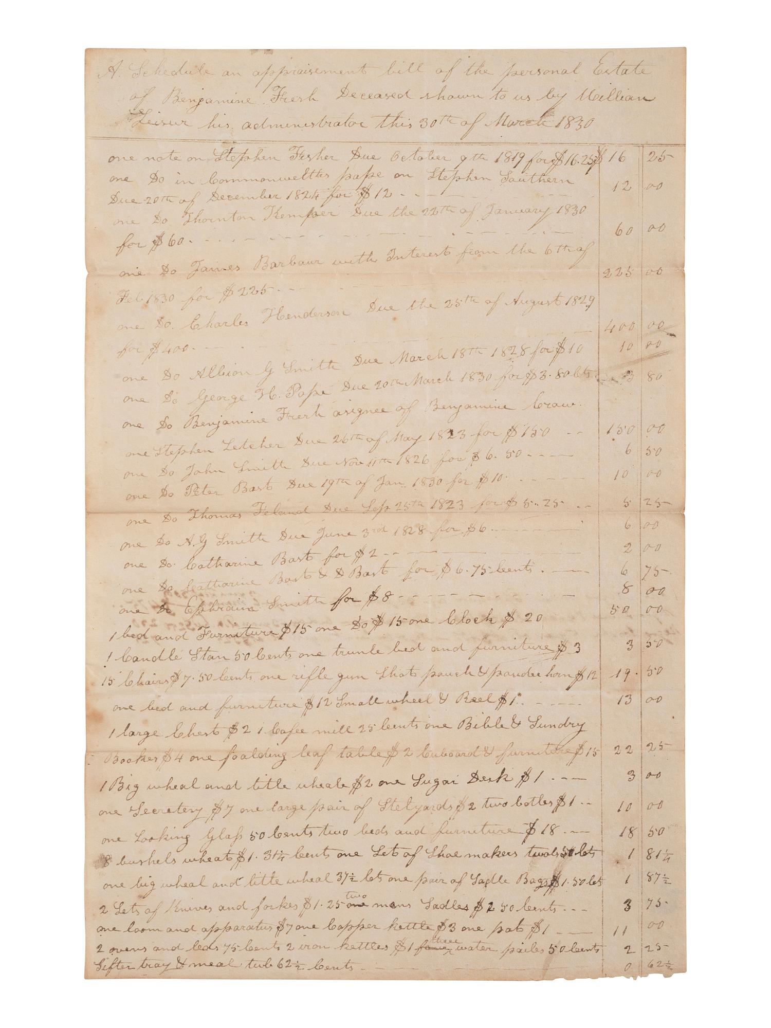 [ENSLAVEMENT & ABOLITION]. A group of 6 estate documents listing individual enslaved persons, most by name. Ca 1830-1858.