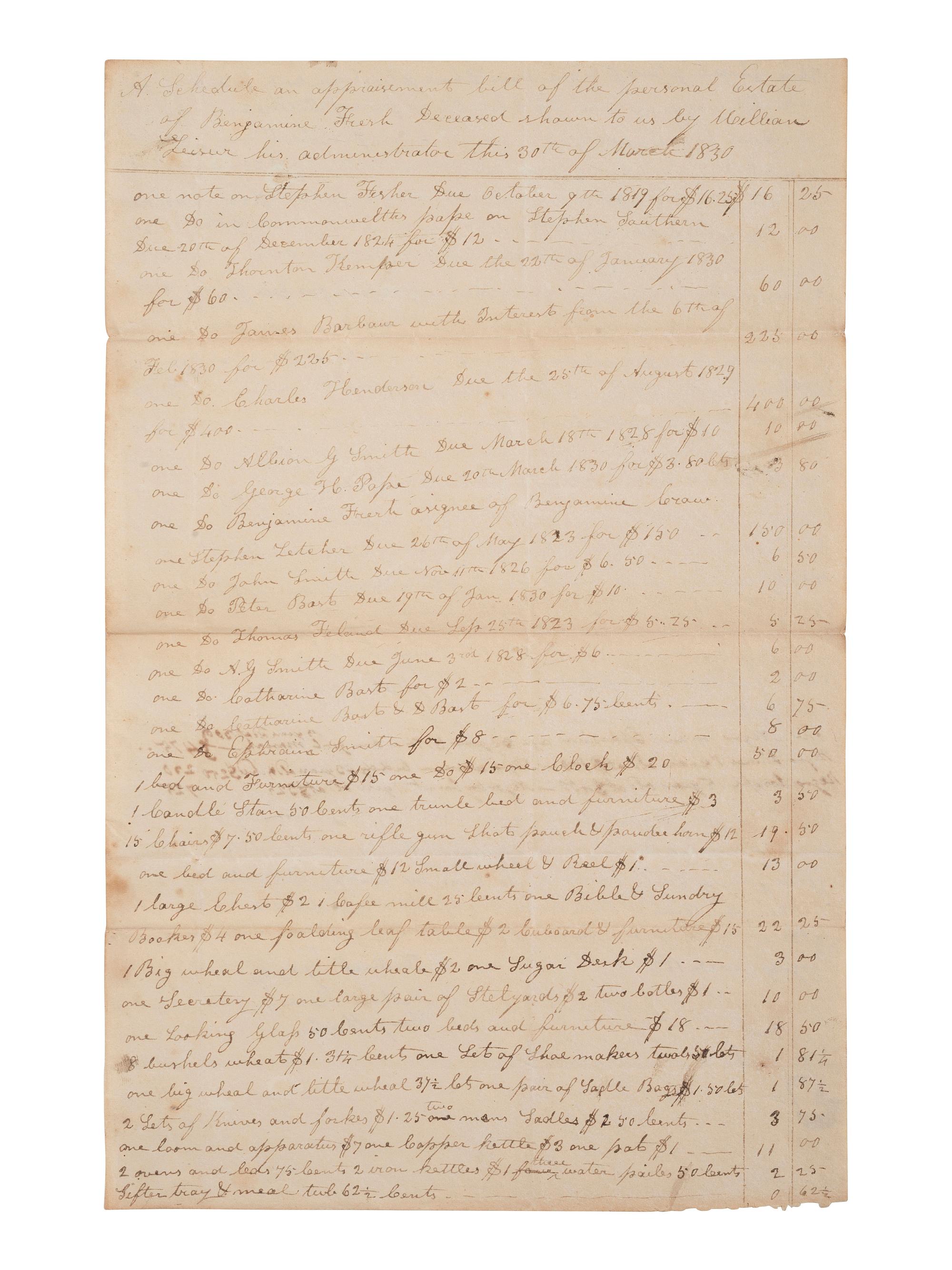 [ENSLAVEMENT & ABOLITION]. A group of 6 estate documents listing individual enslaved persons, most by name. Ca 1830-1858.