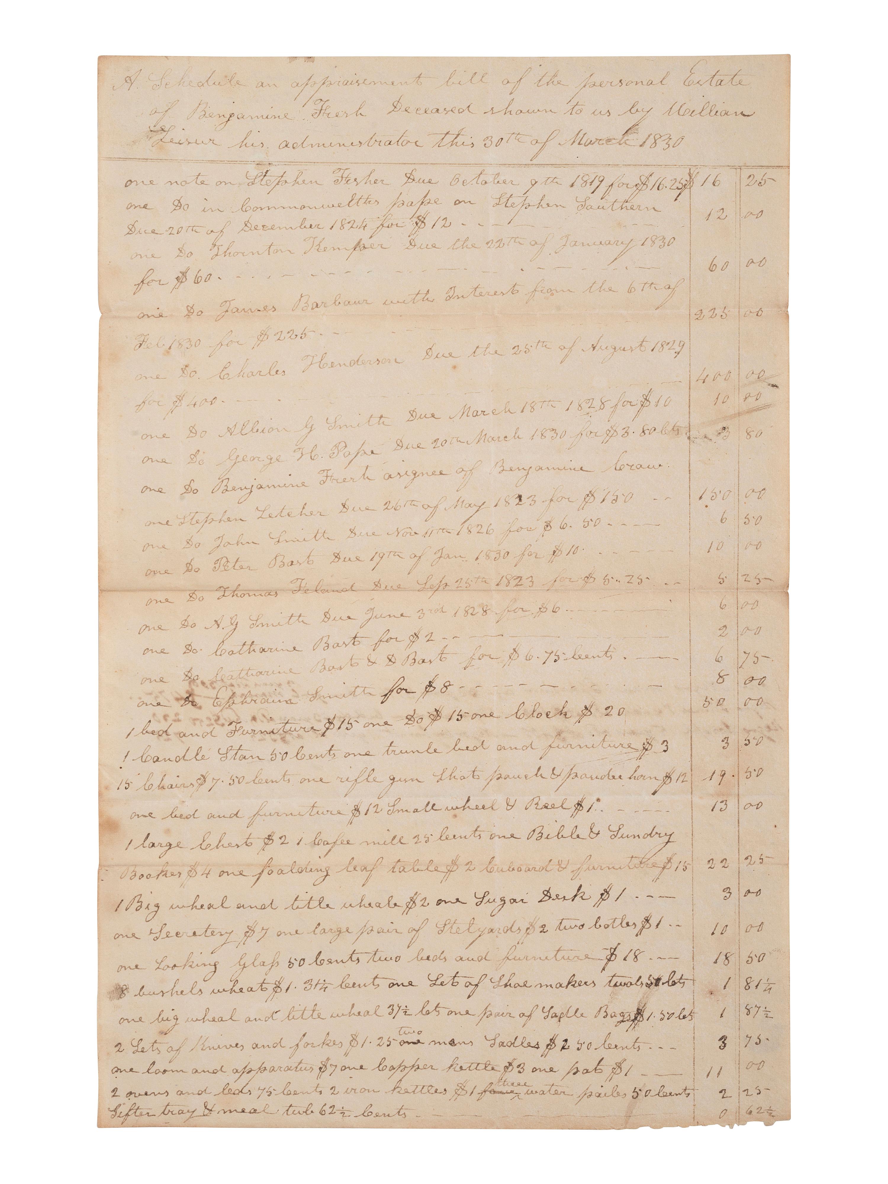 [ENSLAVEMENT & ABOLITION]. A group of 6 estate documents listing individual enslaved persons, most by name. Ca 1830-1858.
