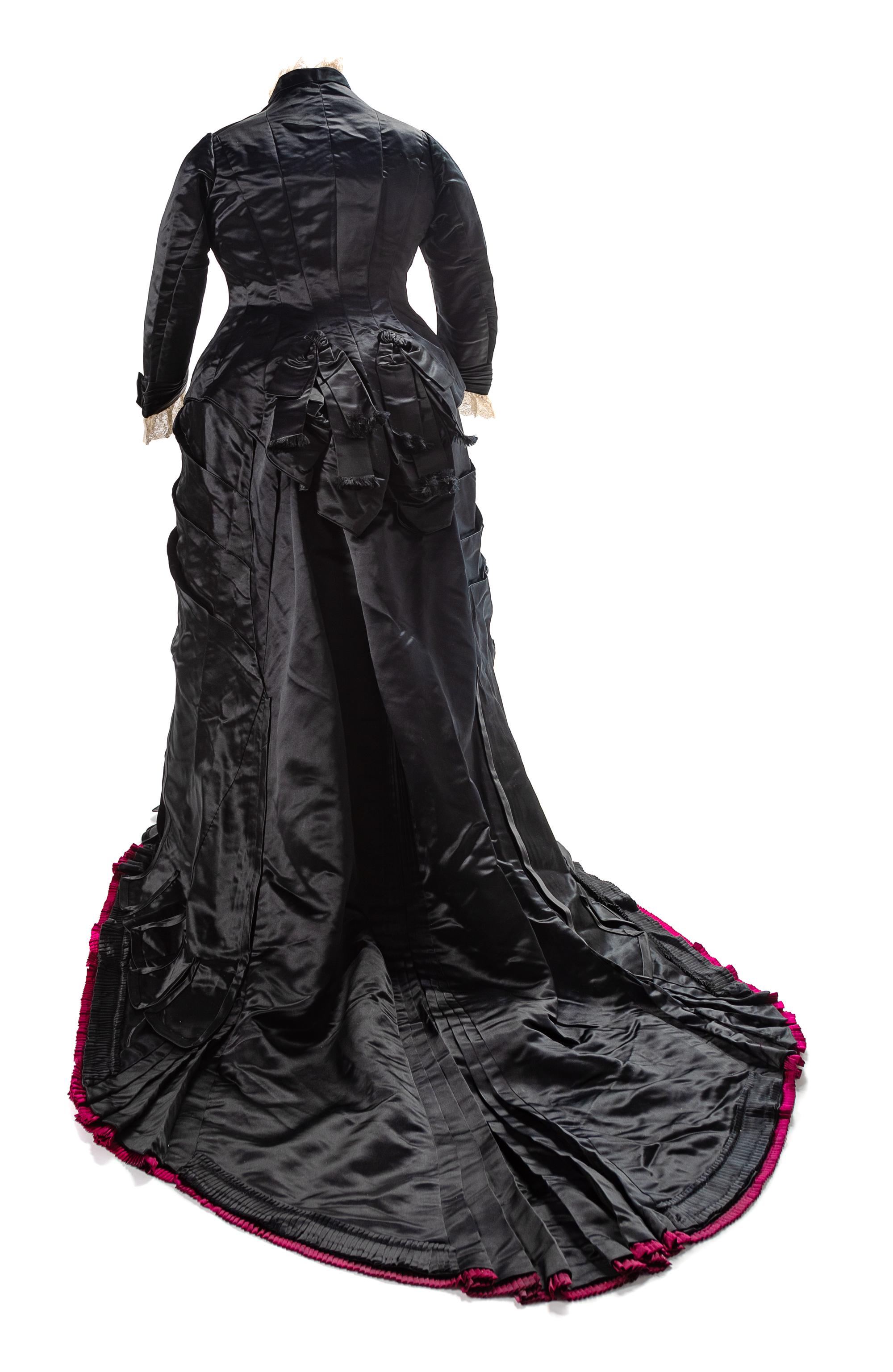 Emile Pingat Two-Piece Large Black Silk Satin Bustle Dress, 1870s Haute Couture No size label