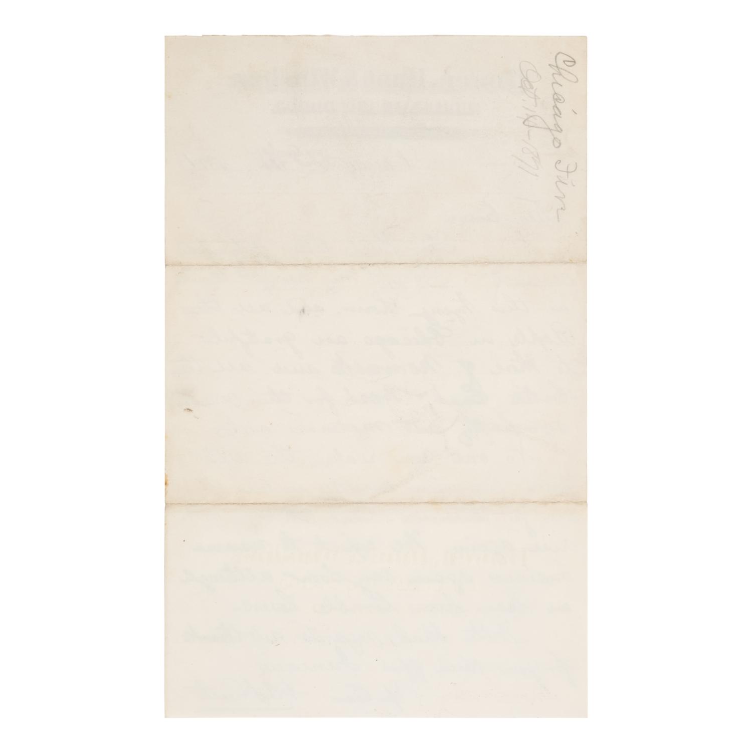 [Chicago Fire]. A large archive of letters, documents, tokens, and ephemera related to the Great Fire.