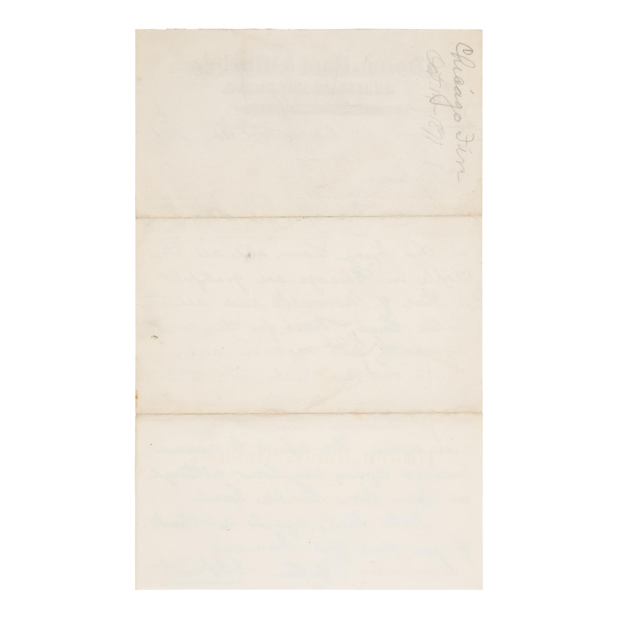 [Chicago Fire]. A large archive of letters, documents, tokens, and ephemera related to the Great Fire.