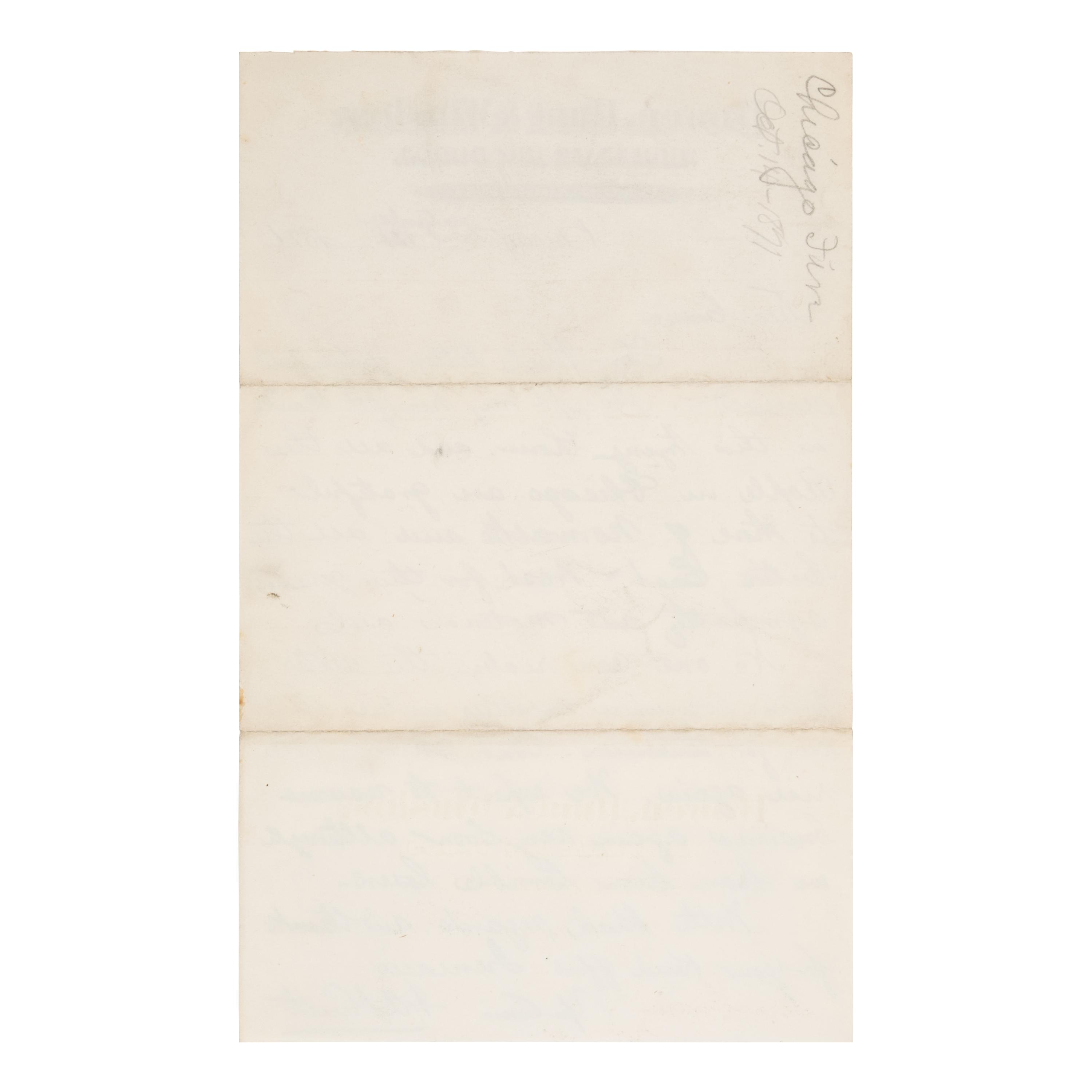 [Chicago Fire]. A large archive of letters, documents, tokens, and ephemera related to the Great Fire.