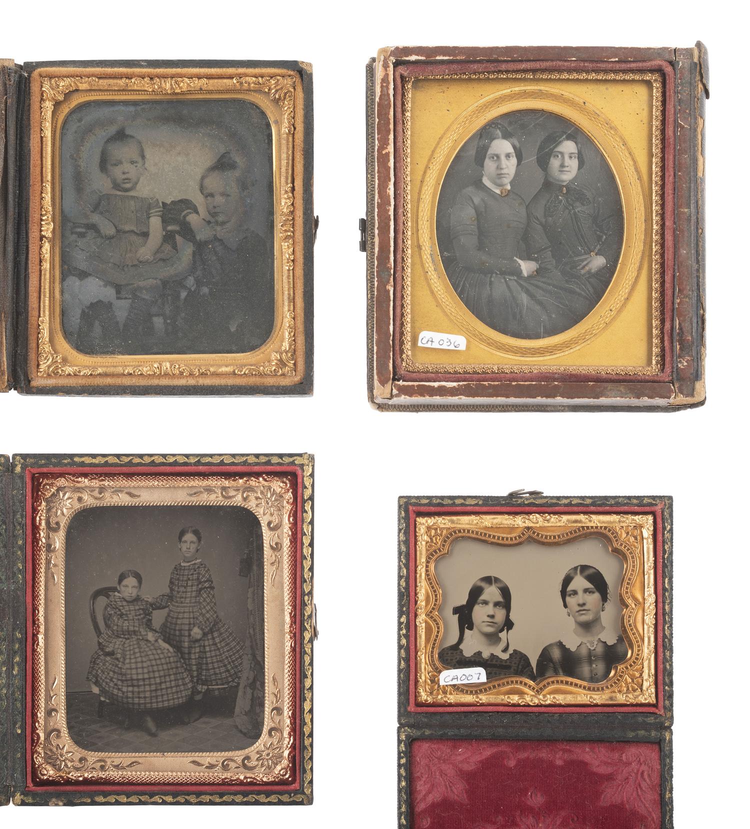 [EARLY PHOTOG]. 15 cased images of siblings, incl. half plate daguerreotype of women in wall frame.