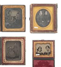 [EARLY PHOTOG]. 15 cased images of siblings, incl. half plate daguerreotype of women in wall frame.