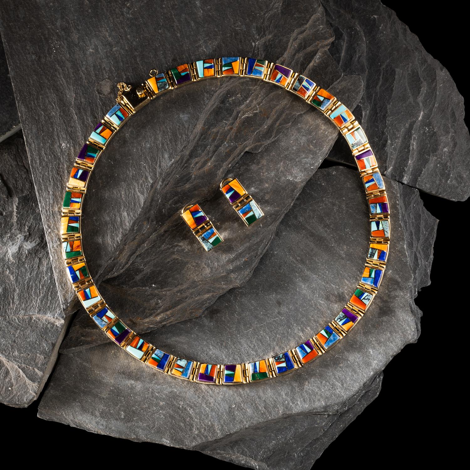 Touch of Santa Fe (Shop, 20th/21st Century) — Matching 14K Gold and Mosaic Inlay Necklace and Clip Earrings