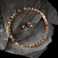 Touch of Santa Fe (Shop, 20th/21st Century) — Matching 14K Gold and Mosaic Inlay Necklace and Clip Earrings