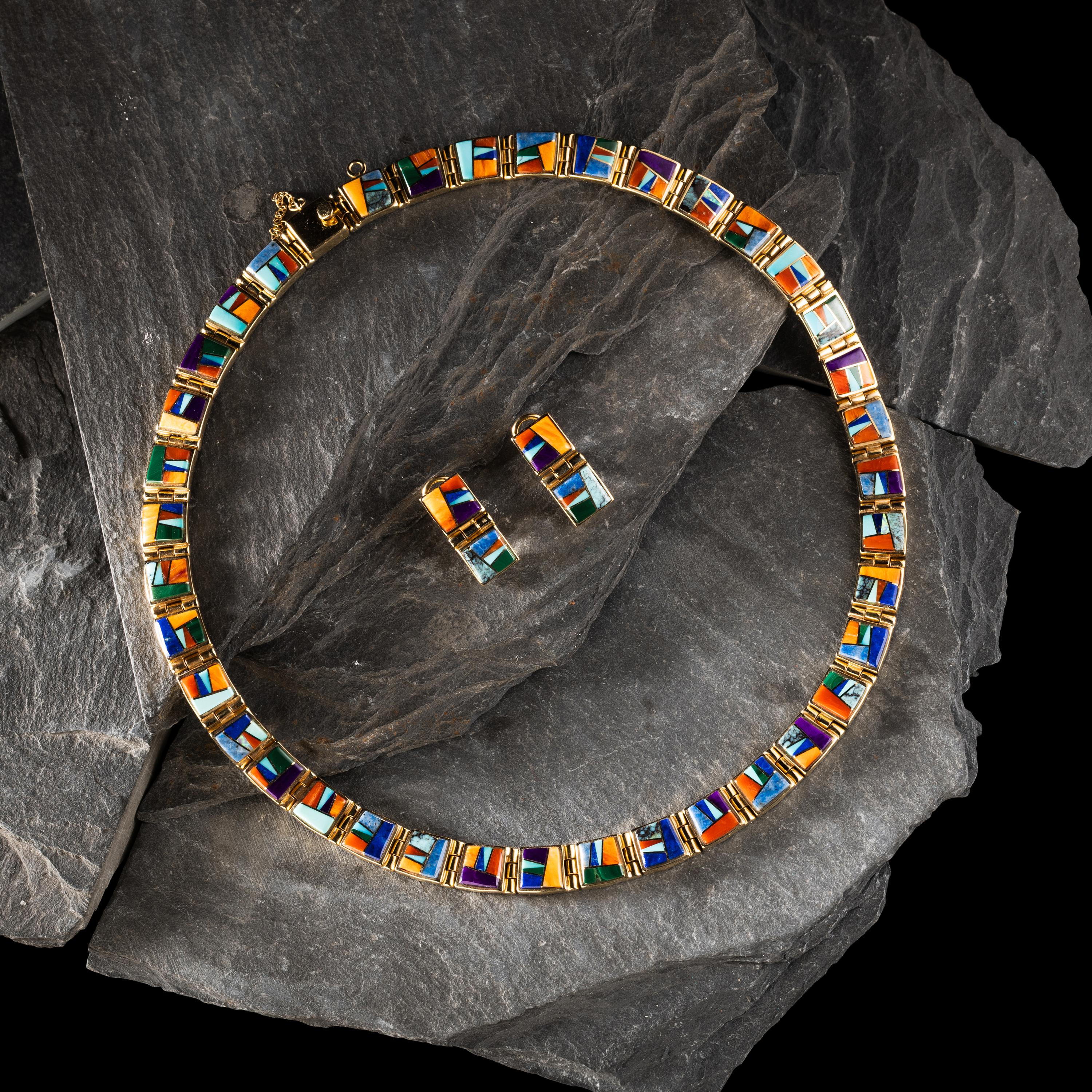 Touch of Santa Fe (Shop, 20th/21st Century) — Matching 14K Gold and Mosaic Inlay Necklace and Clip Earrings