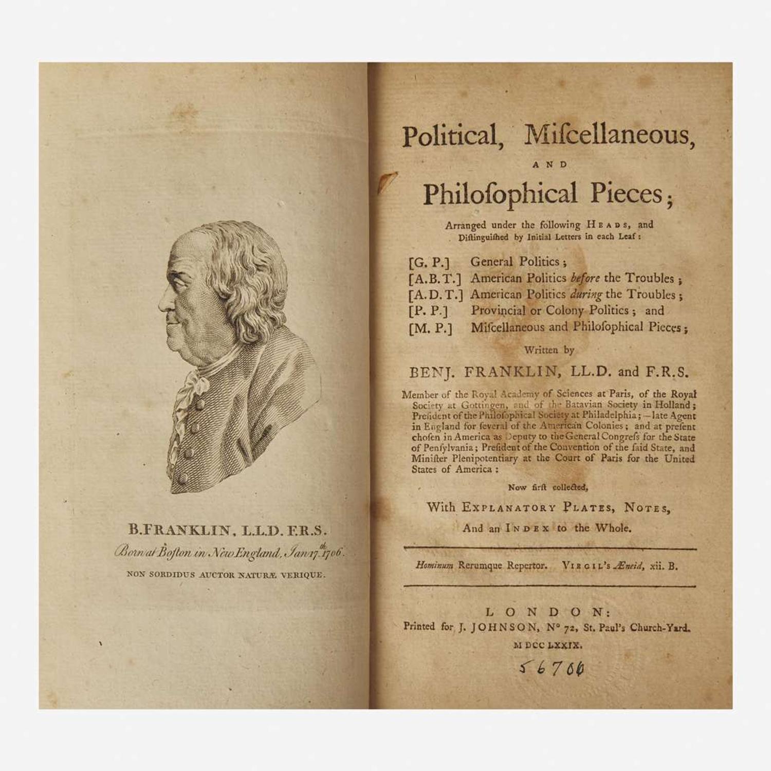 [Americana] Franklin, Benj(amin). Political, Miscellaneous, and Philosophical Pieces…