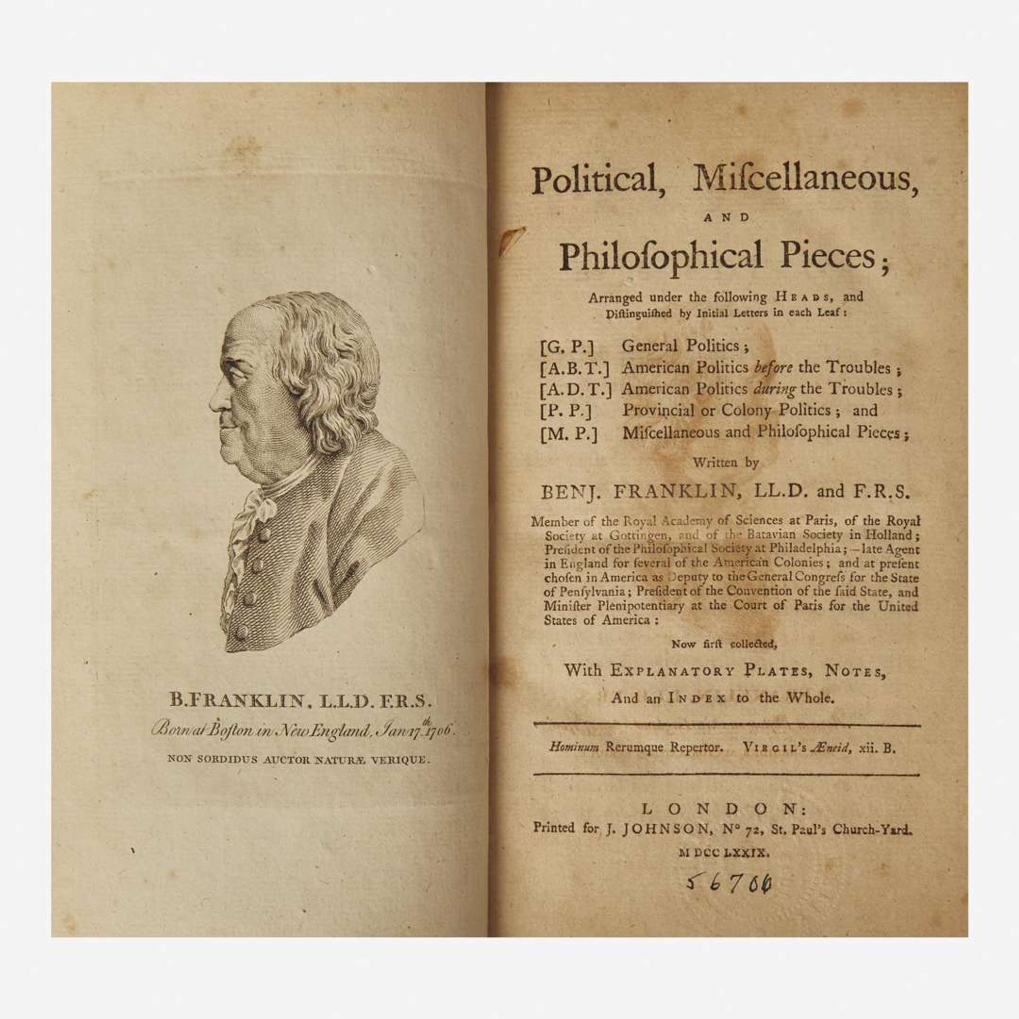 [Americana] Franklin, Benj(amin). Political, Miscellaneous, and Philosophical Pieces…
