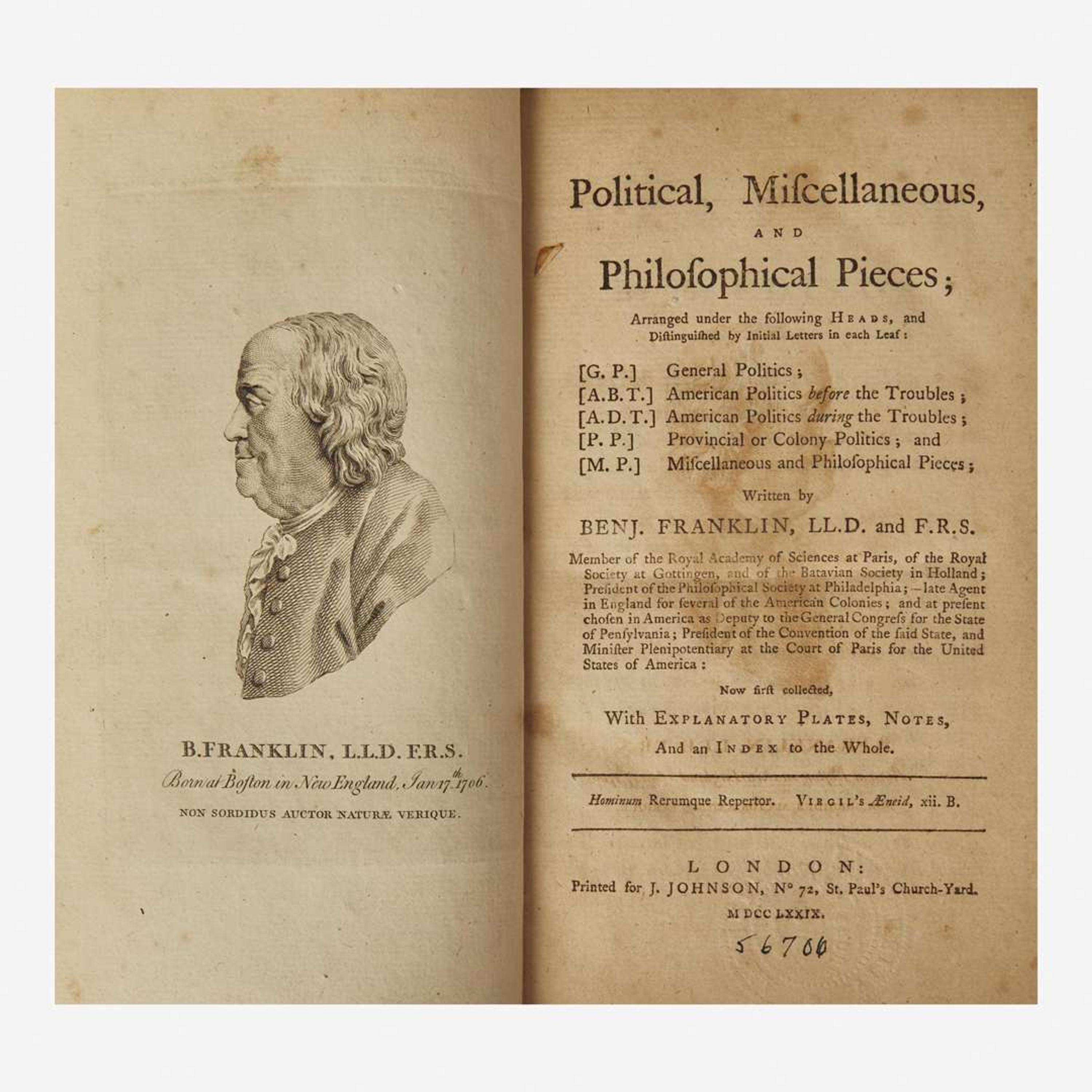 [Americana] Franklin, Benj(amin). Political, Miscellaneous, and Philosophical Pieces…