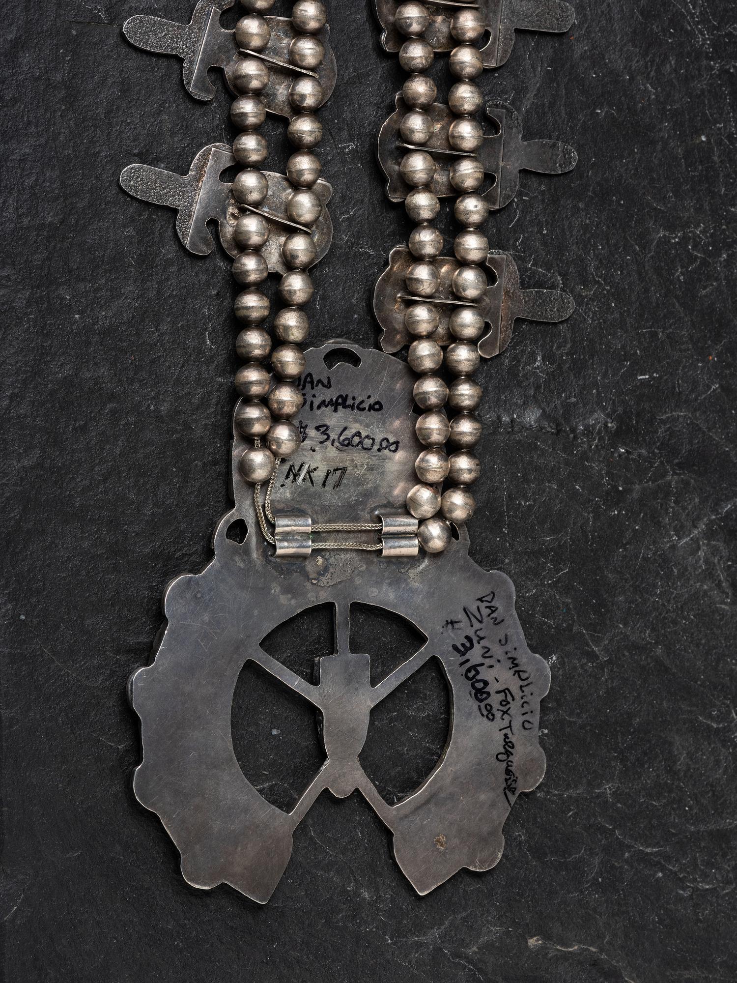 Large Silver and Fox Turquoise Squash Blossom Necklace