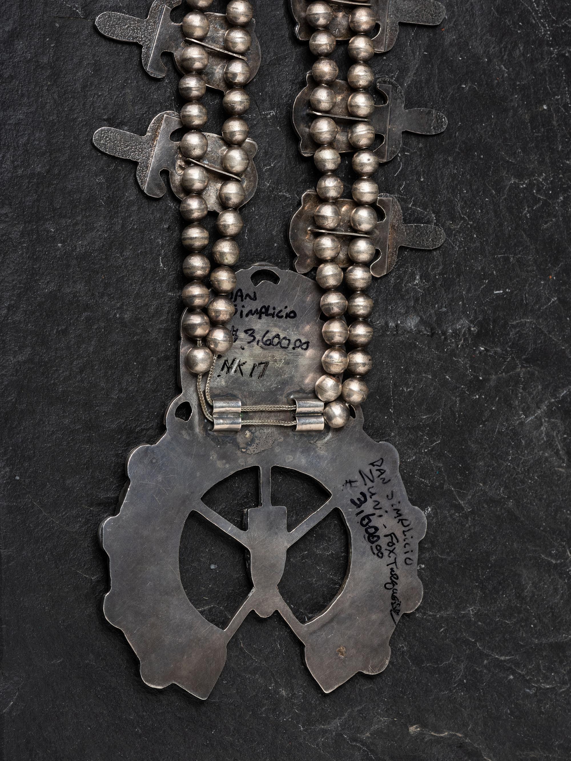 Large Silver and Fox Turquoise Squash Blossom Necklace