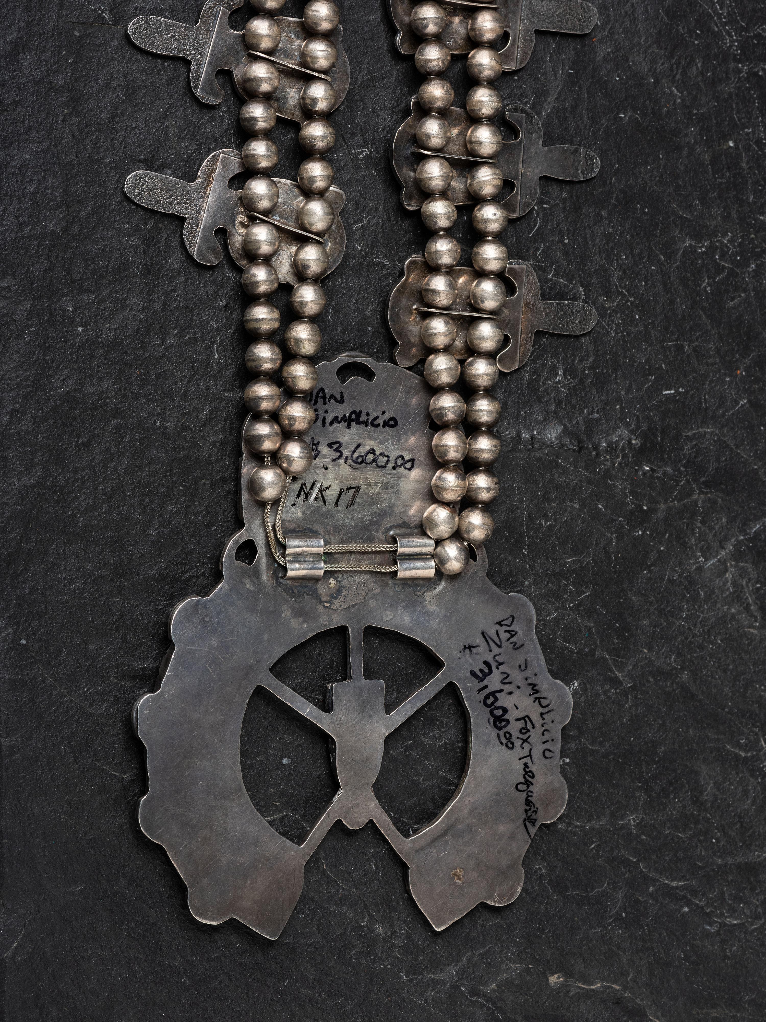 Large Silver and Fox Turquoise Squash Blossom Necklace