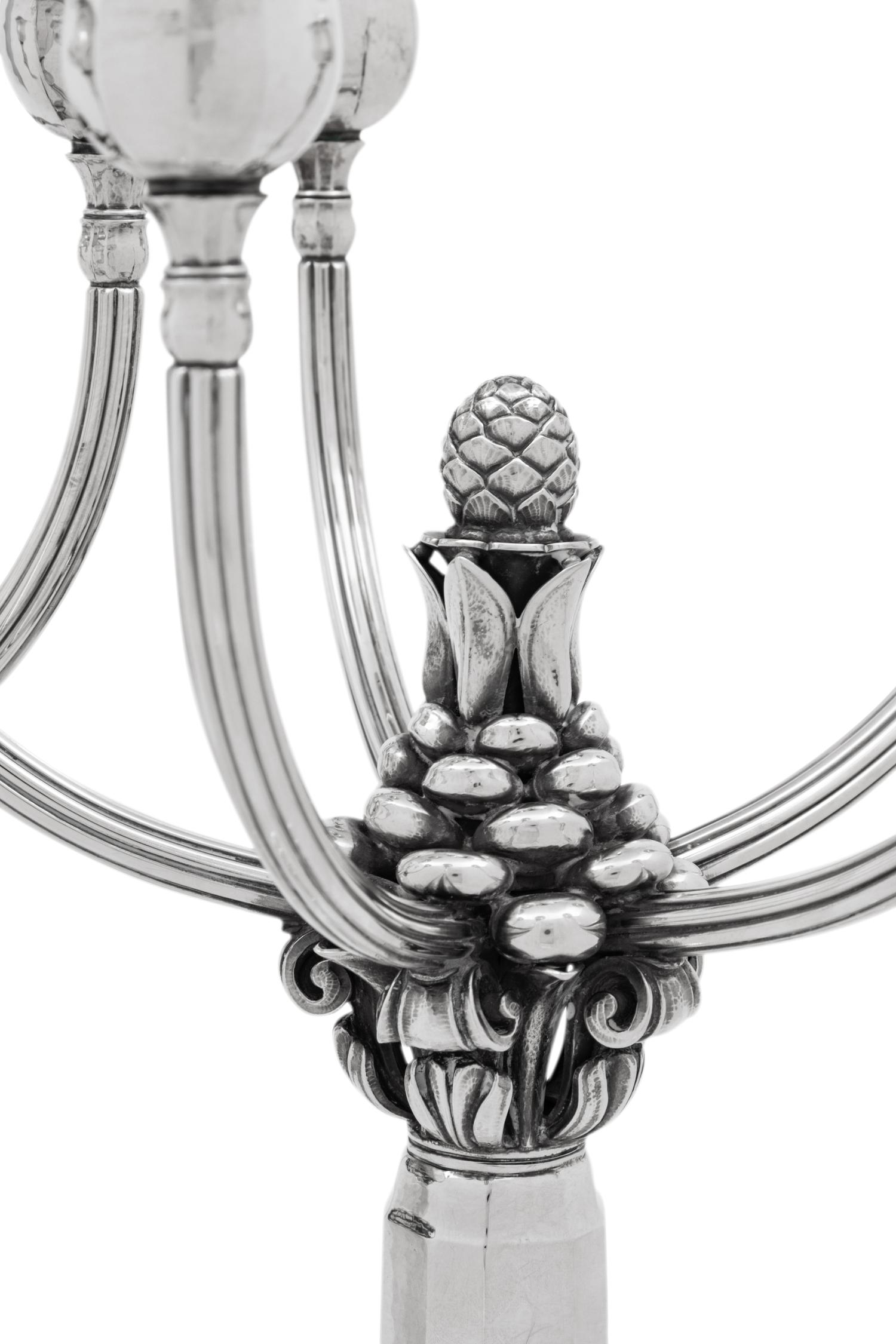 A Pair of Johan Rohde for Georg Jensen Silver Five-Light Candelabra