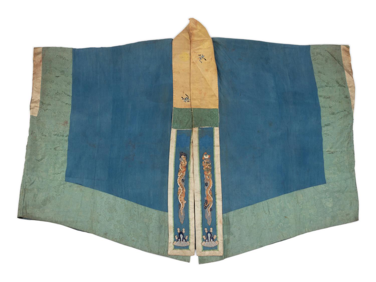Two Chinese Blue Ground Silk Robes, Late Qing Dynasty 清晚期 藍地盤金繡游龍瑞獸纹道袍及藍地織錦女褂