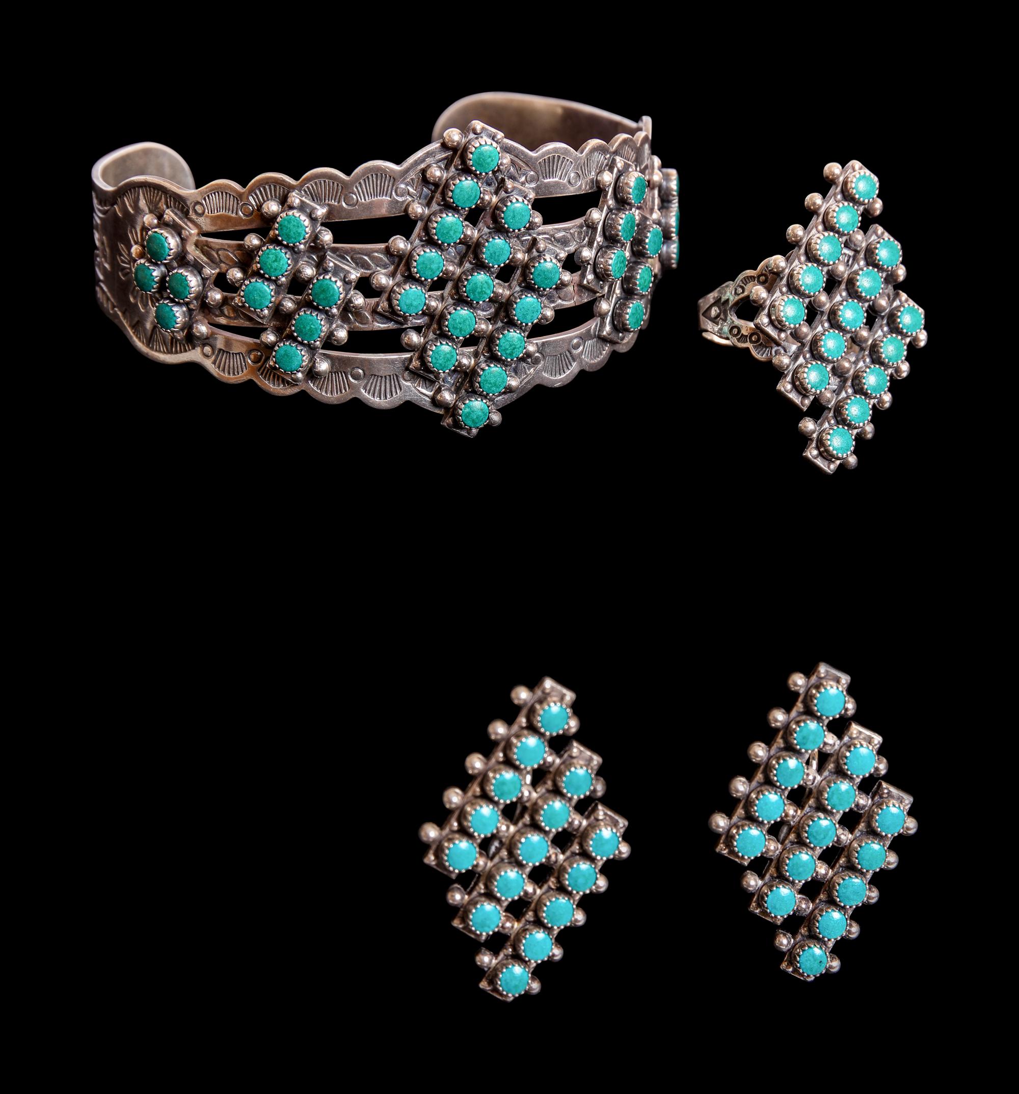 Sterling Silver and Turquoise Bracelet, Ring and Pair of Clamp Earrings, circa 1970
