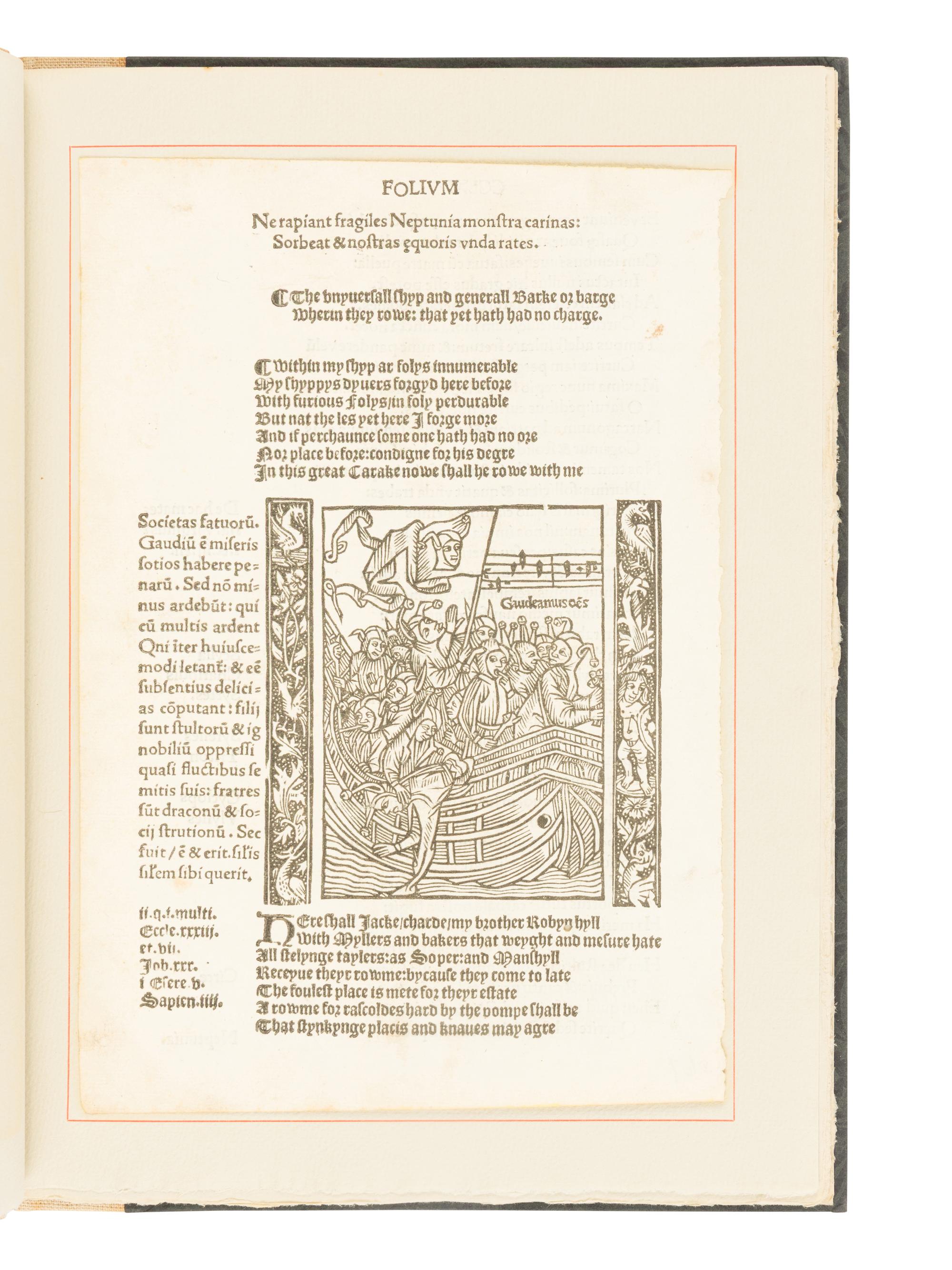 [LEAF BOOK - SHIP OF FOOLS]. An Original Leaf from the First Edition of Alexander Barclay's English translation of Sebastian Brant's "Ship of Fools," printed by Richard Pynson in 1509 . With an Essay by James D. Hart. San Francisco: The Grabhorn Press for David Magee, 1938.