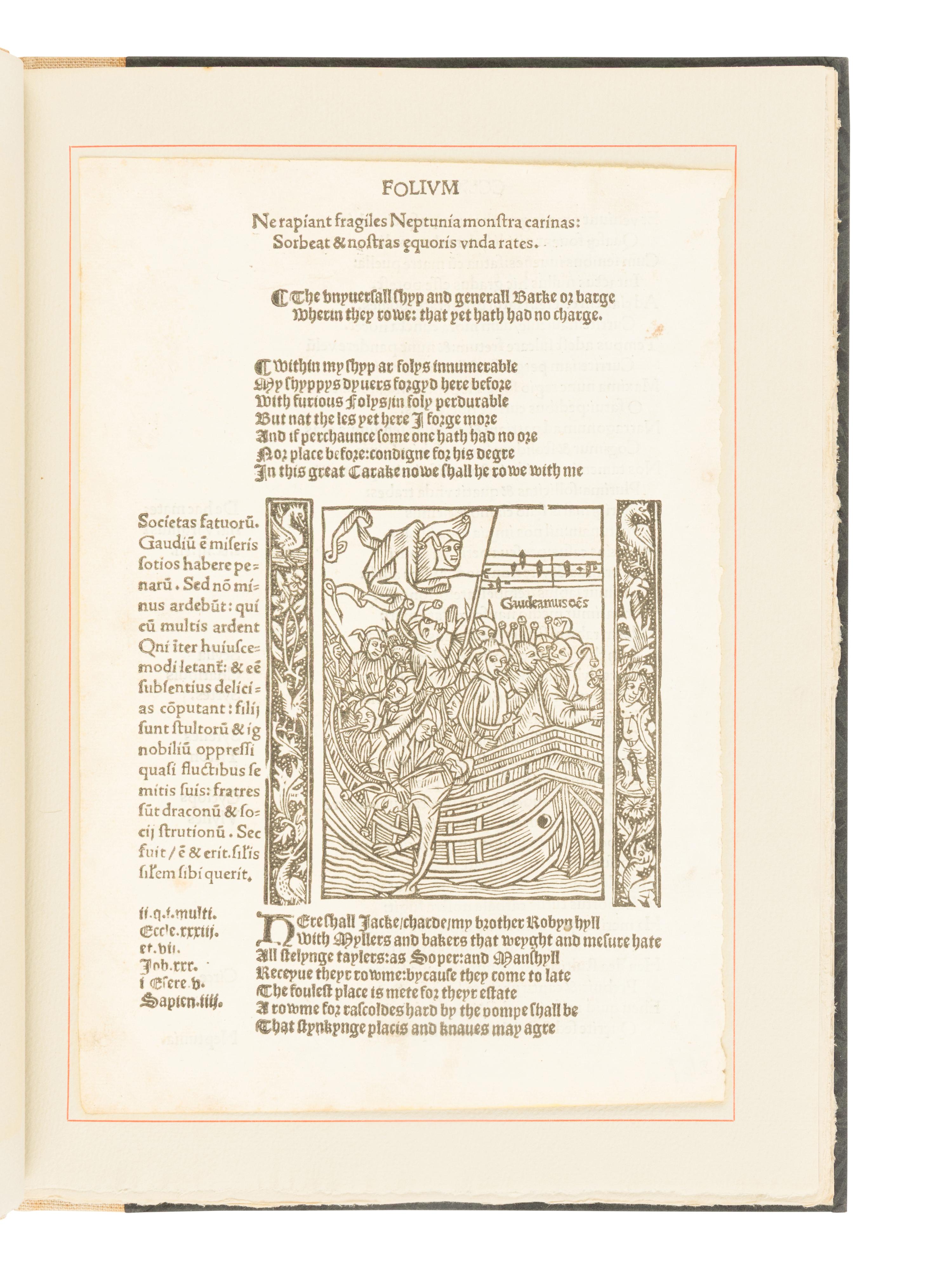 [LEAF BOOK - SHIP OF FOOLS]. An Original Leaf from the First Edition of Alexander Barclay's English translation of Sebastian Brant's "Ship of Fools," printed by Richard Pynson in 1509 . With an Essay by James D. Hart. San Francisco: The Grabhorn Press for David Magee, 1938.