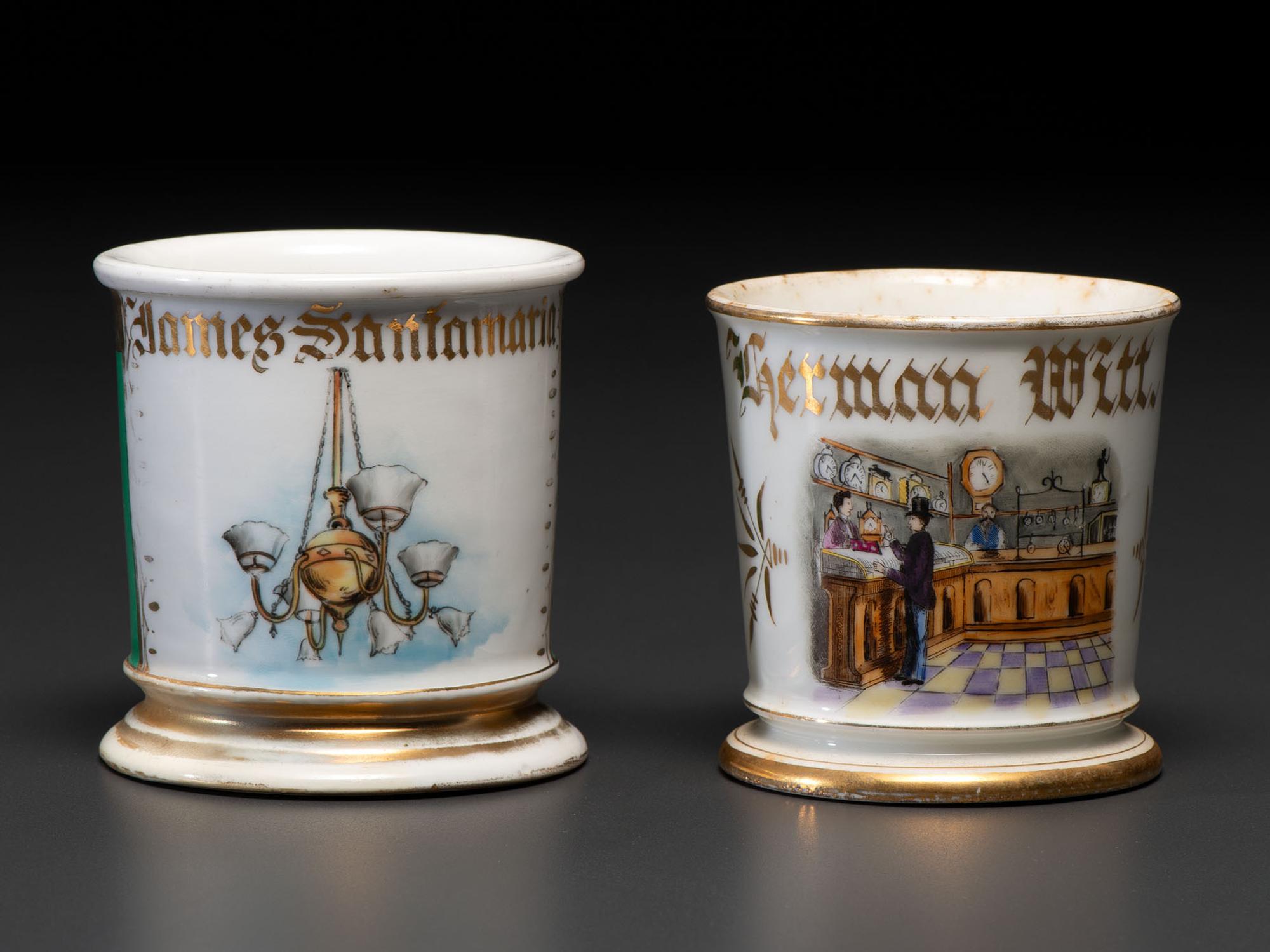 Two Retailer's Porcelain Occupational Shaving Mugs
