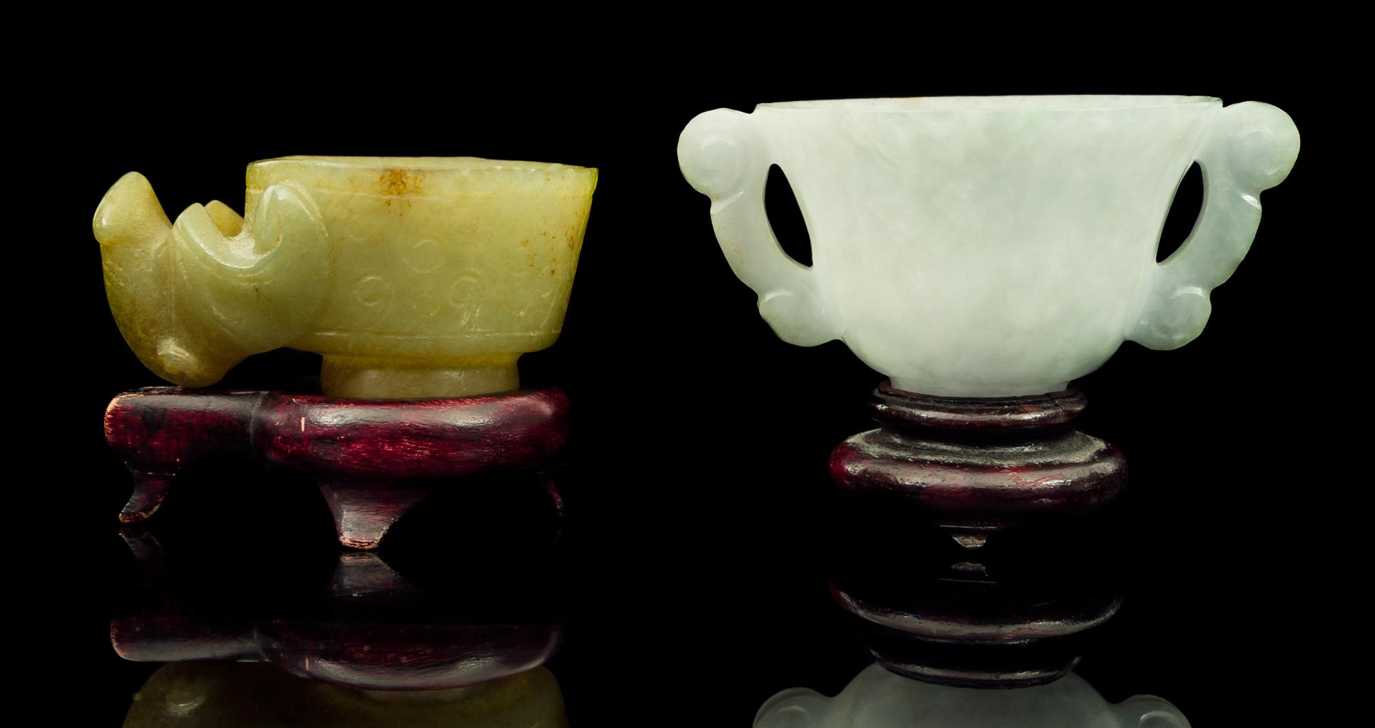 Two Carved Jade Cups Width of first over handles 2 3/4 inches.