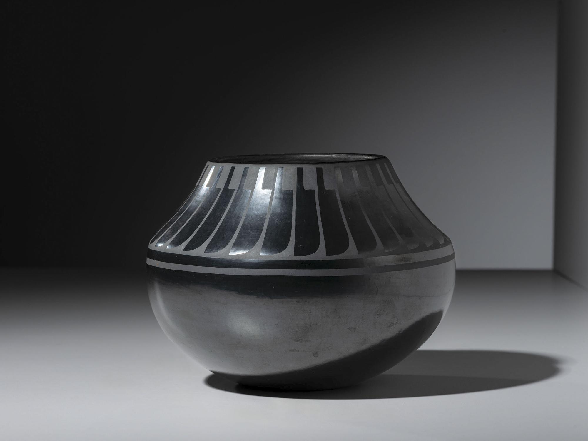 Blackware Pottery Jar, with Repeating Feathers
