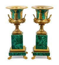 A Pair of Empire Style Gilt Bronze Mounted Malachite Veneered Urns