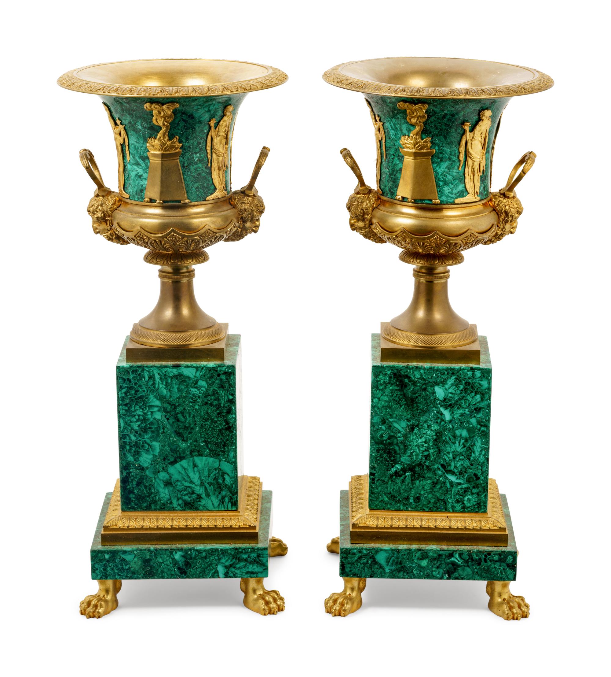 A Pair of Empire Style Gilt Bronze Mounted Malachite Veneered Urns