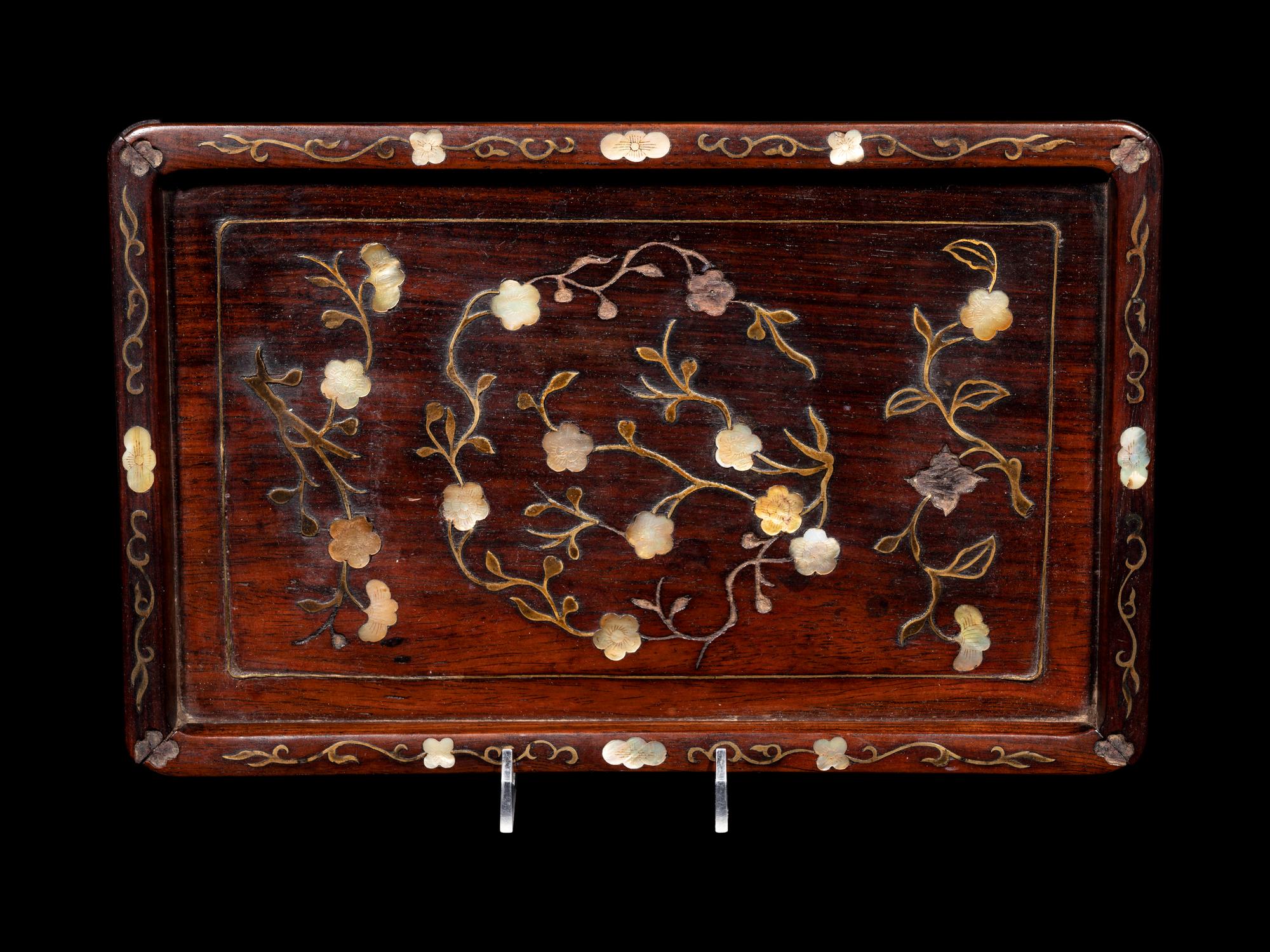 A Chinese Mother-of-Pearl Inlaid Hongmu Rectangular Tray