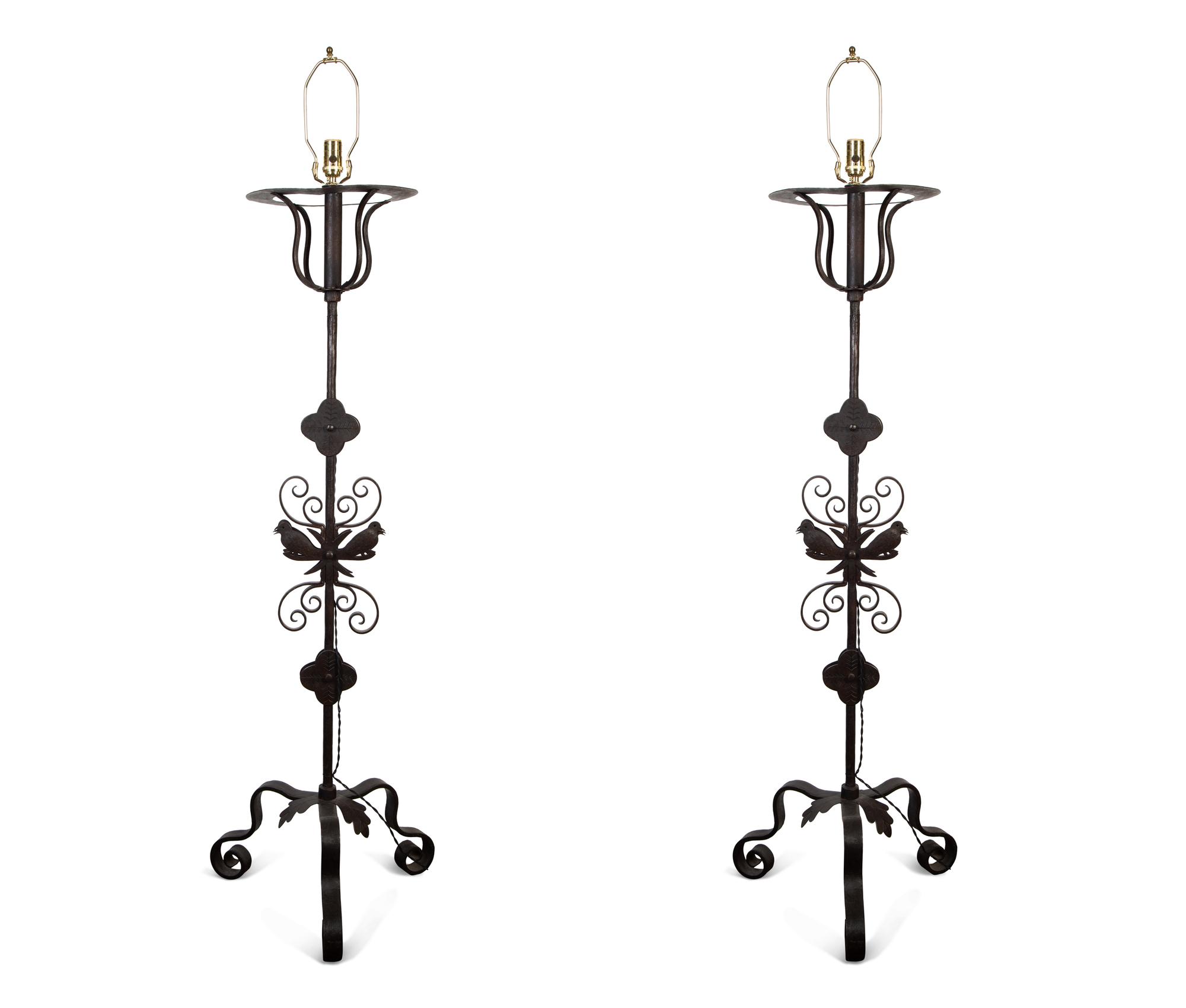 A Pair of Italian Wrought Iron Scrollwork Based Floor Lamps — 19th/20th Century