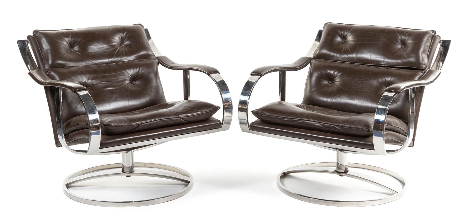 A Pair of Chrome and Leather Upholstered Club Chairs Height 29 inches. — POSSIBLY KNOLL
