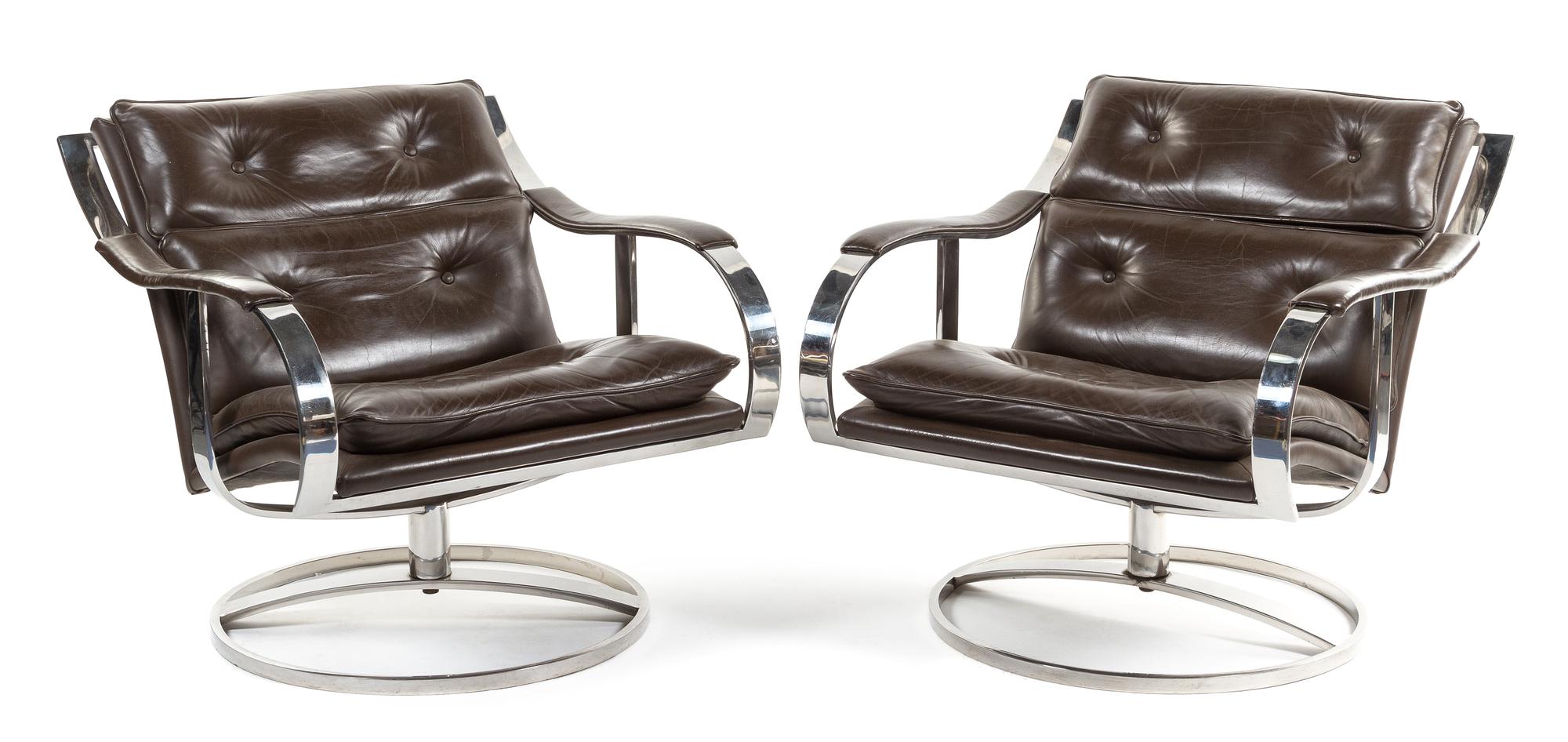 A Pair of Chrome and Leather Upholstered Club Chairs Height 29 inches. — POSSIBLY KNOLL