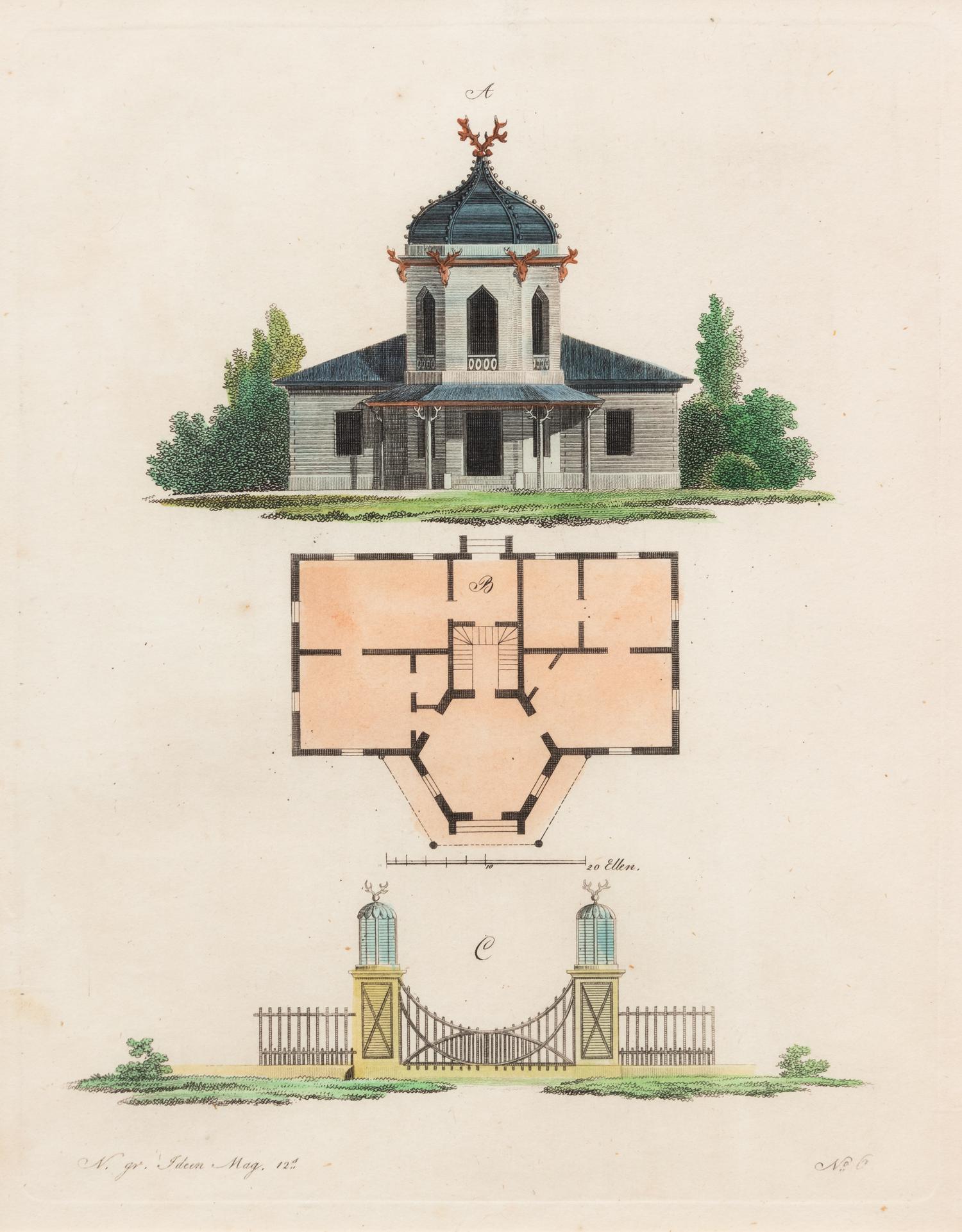 A Collection of Gilt Framed Hand Colored Engravings of Follies Framed size 12 3/8 x 15 3/8 inches. — 19TH CENTURY