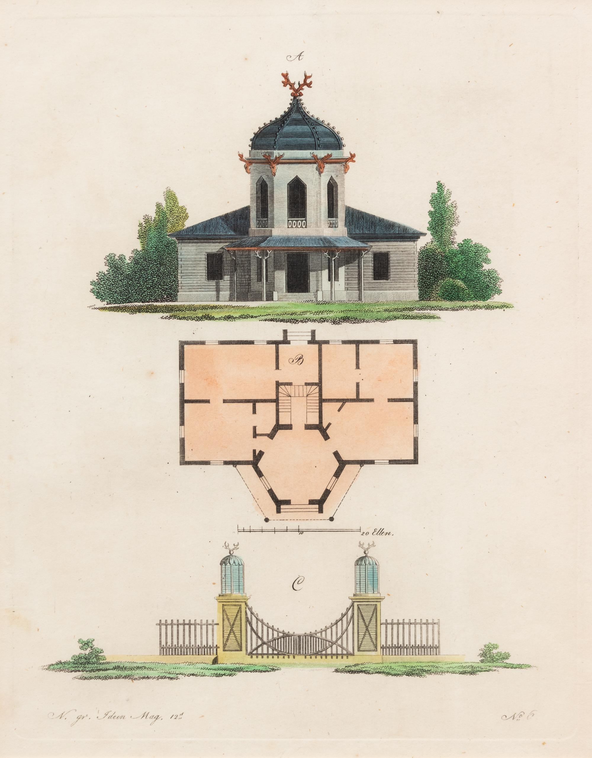 A Collection of Gilt Framed Hand Colored Engravings of Follies Framed size 12 3/8 x 15 3/8 inches. — 19TH CENTURY