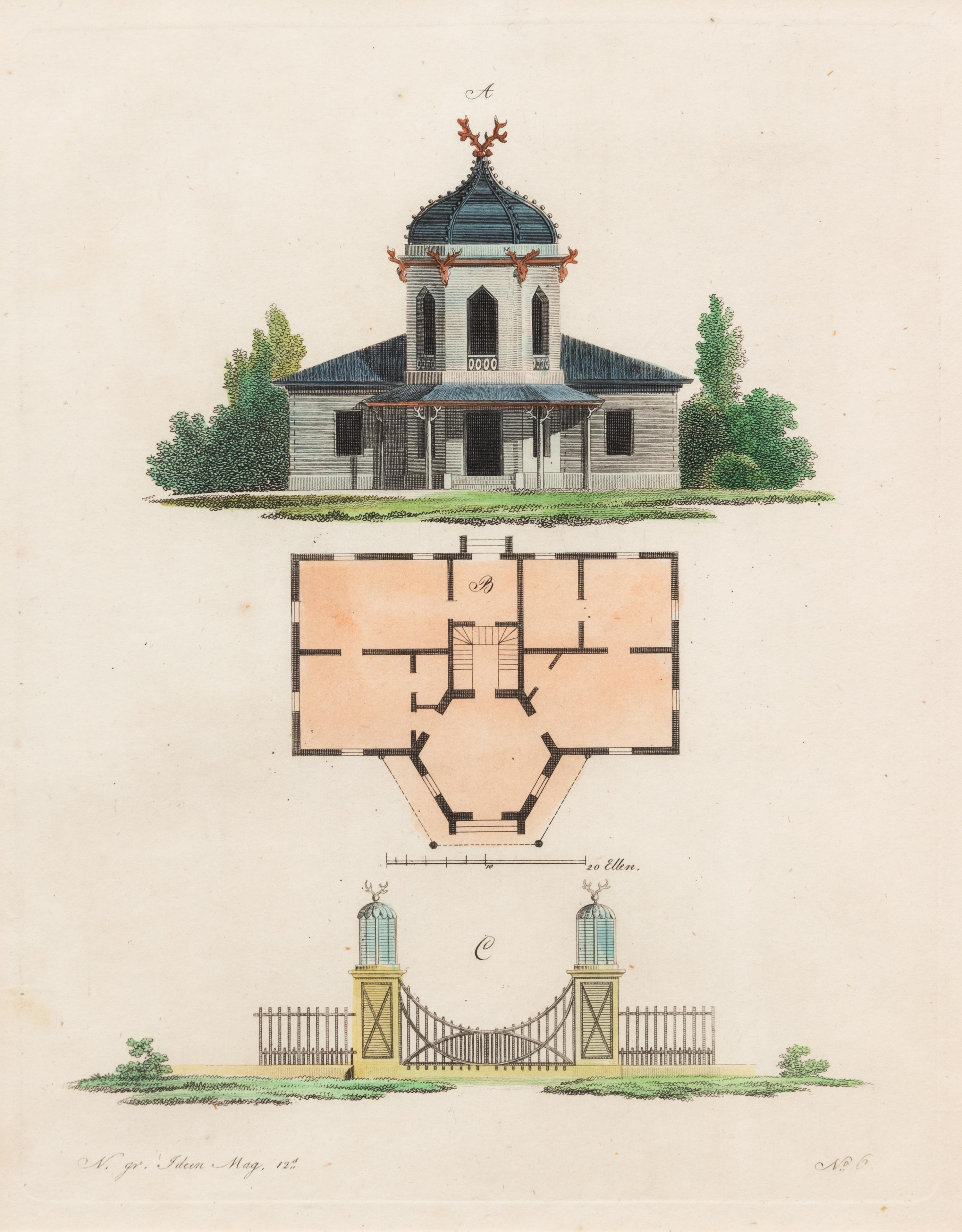A Collection of Gilt Framed Hand Colored Engravings of Follies Framed size 12 3/8 x 15 3/8 inches. — 19TH CENTURY