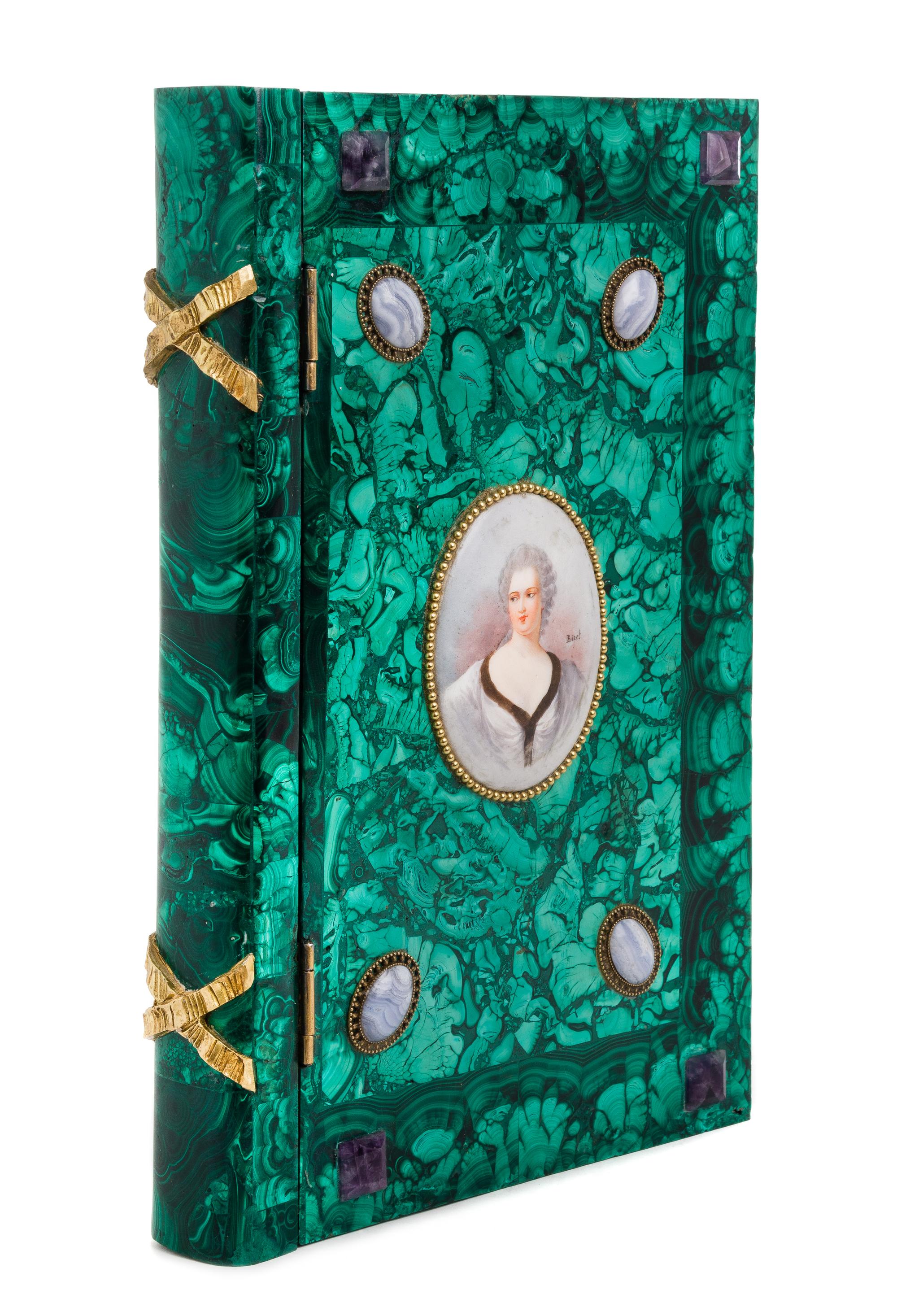 A Continental Porcelain, Agate and Quartz Mounted Malachite Box Height 14 x width 9 inches. — 20TH CENTURY