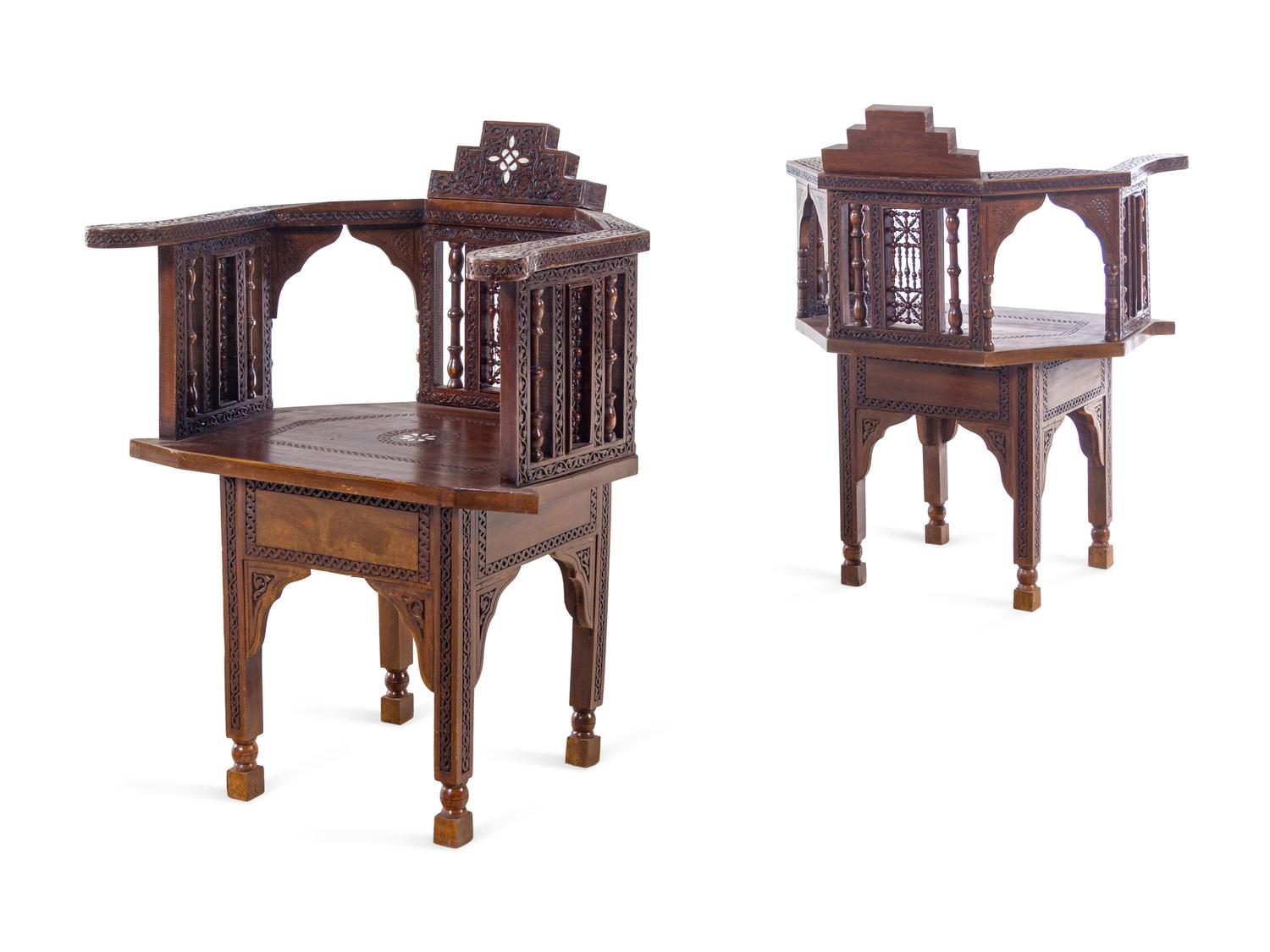 A Pair of Syrian Mother-of-Pearl Inlaid Walnut Armchairs