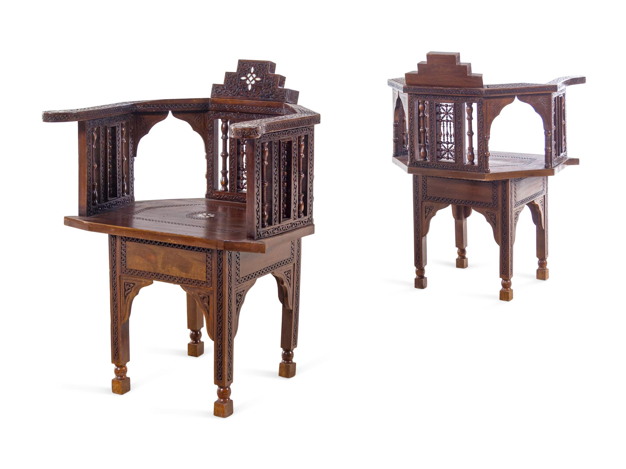 A Pair of Syrian Mother-of-Pearl Inlaid Walnut Armchairs