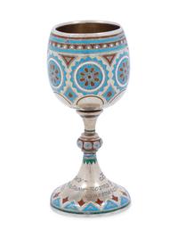 A Russian Enameled Silver Presentation Cordial Glass