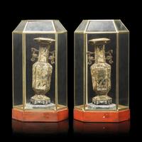 A Rare Pair of Chinese Embroidered Silk Hexagonal Vases, 19th Century 清晚期 粵綉拼接六方賞瓶一對