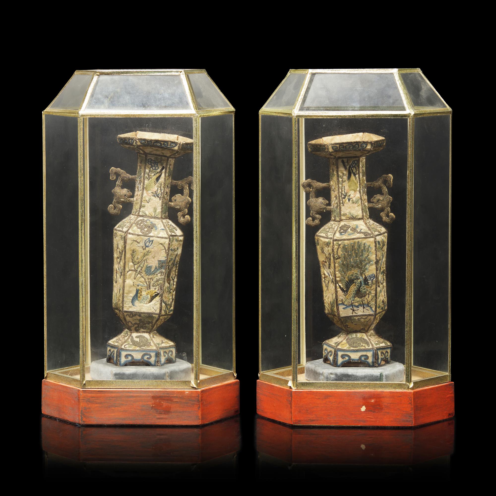 A Rare Pair of Chinese Embroidered Silk Hexagonal Vases, 19th Century 清晚期 粵綉拼接六方賞瓶一對