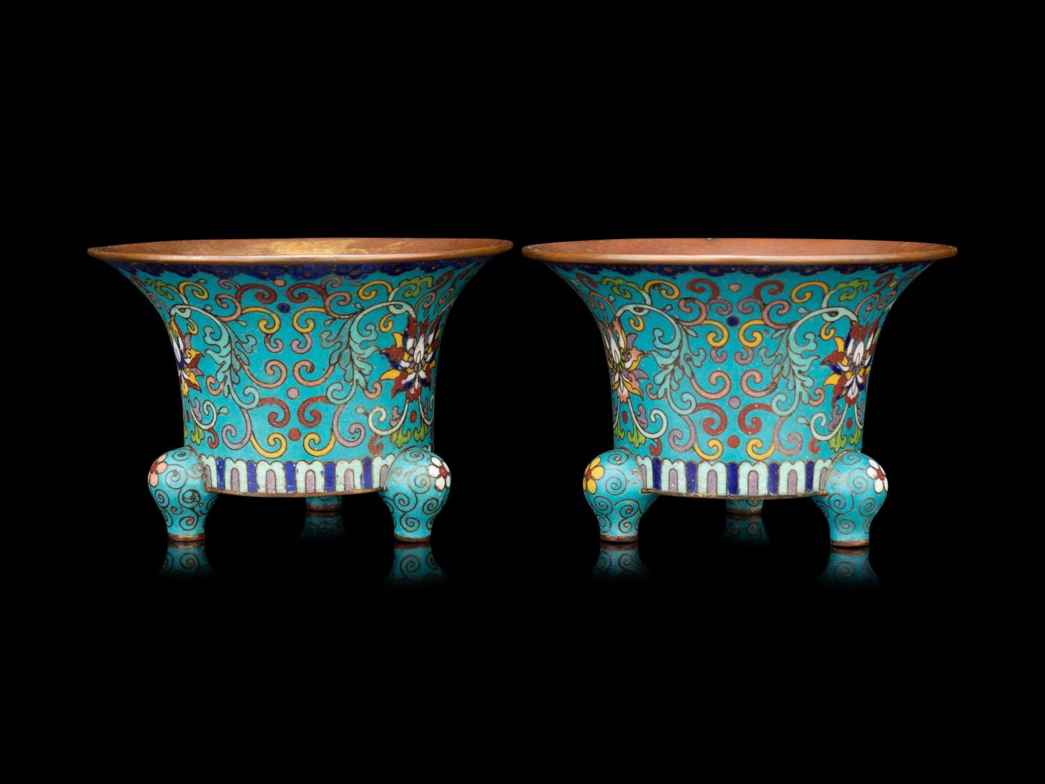 A Pair of Small Cloisonné Enamel Flower Pots