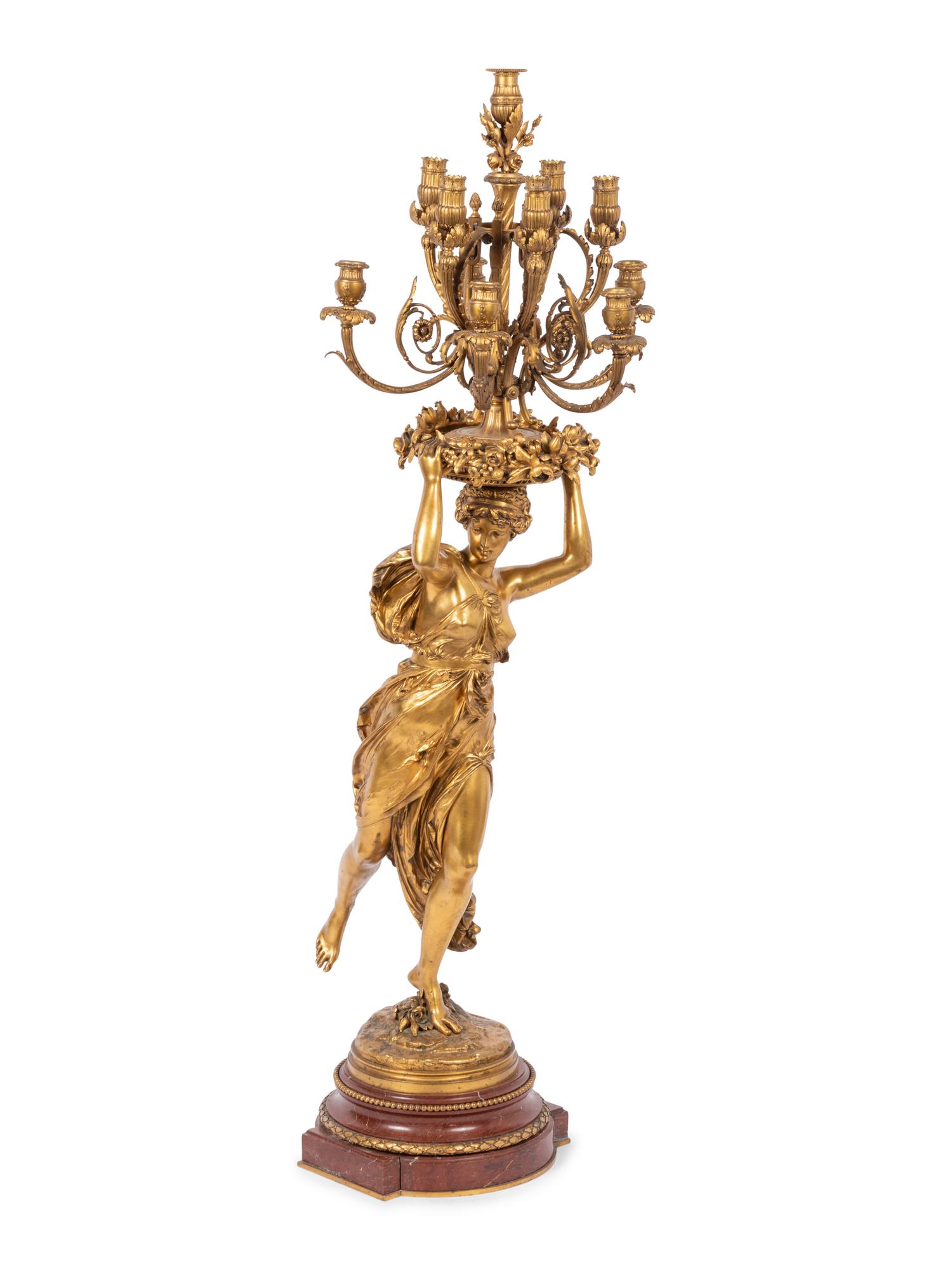 A Large French Gilt Bronze and Marble Figural Candelabrum