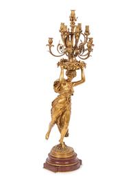 A Large French Gilt Bronze and Marble Figural Candelabrum