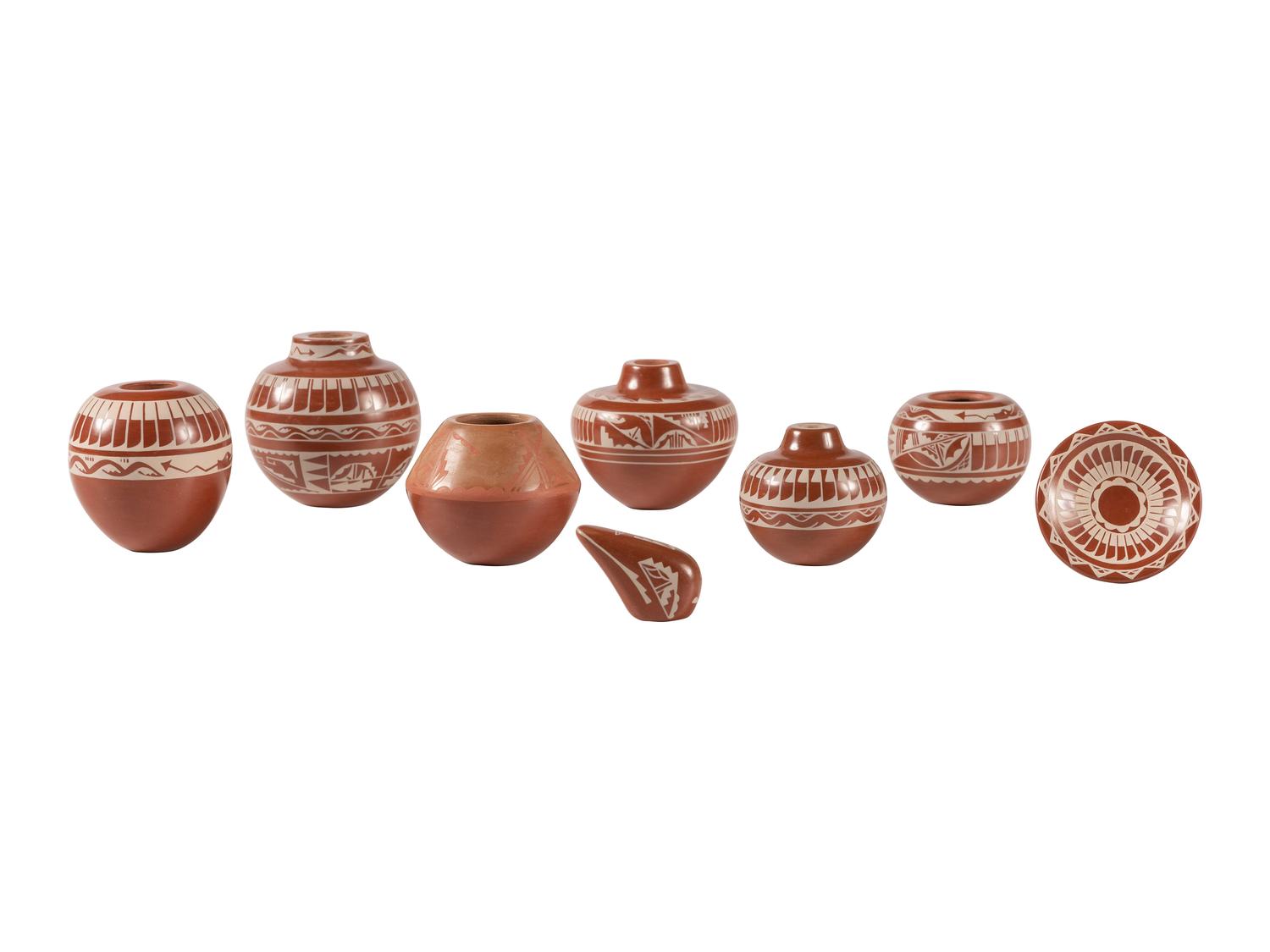 Miniature White-on-Red Pottery Jars, Plate, and Bear