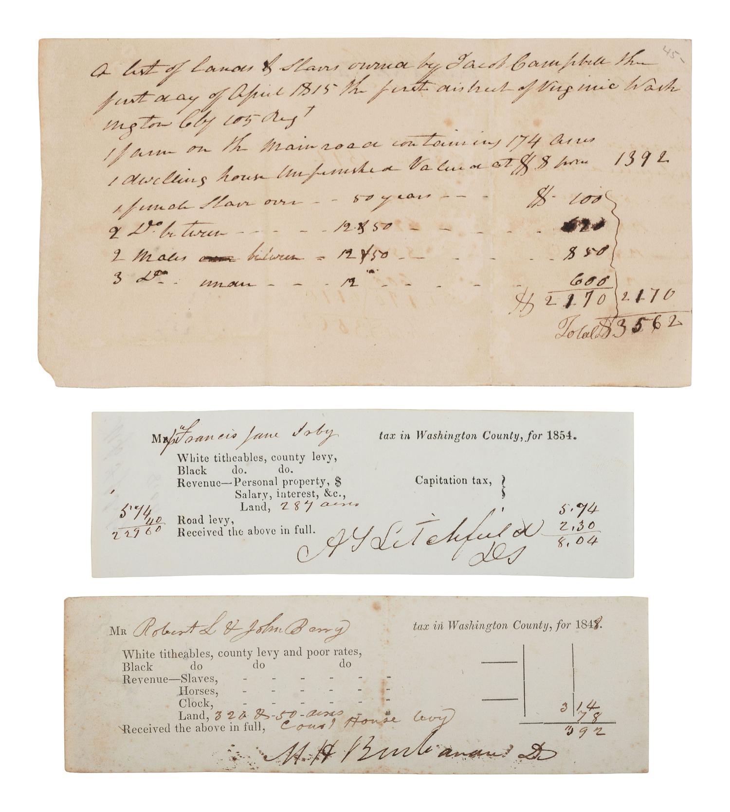 [ENSLAVEMENT & ABOLITION]. A group of 3 Virginia documents listing property including enslaved persons. Ca 1815-1854.